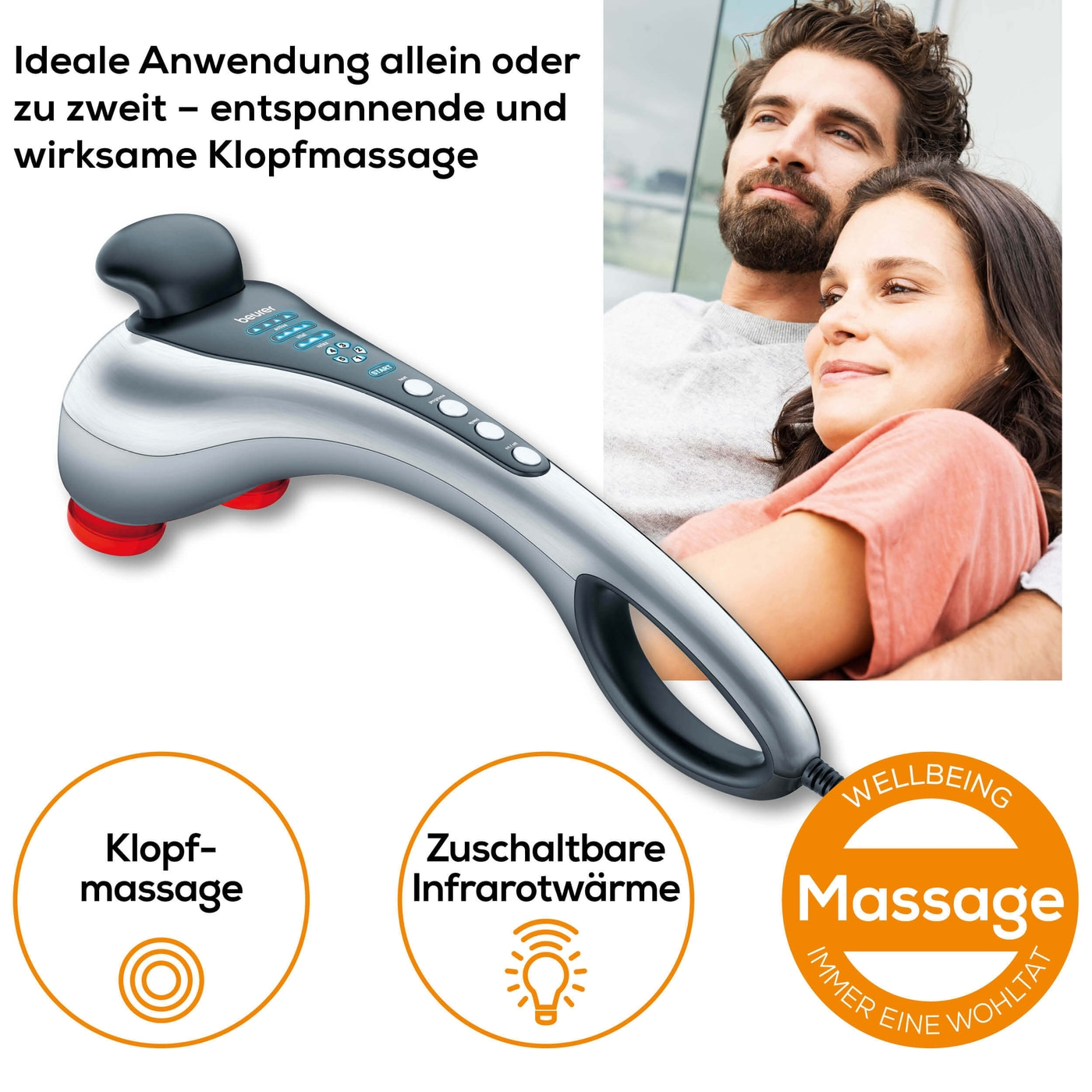 Beurer Infrarot-Klopf-Massagegerät MG 100-Massagegerät mit 2 Aufsätzen & Infrarotwärme für eine entspannende Klopfmassage