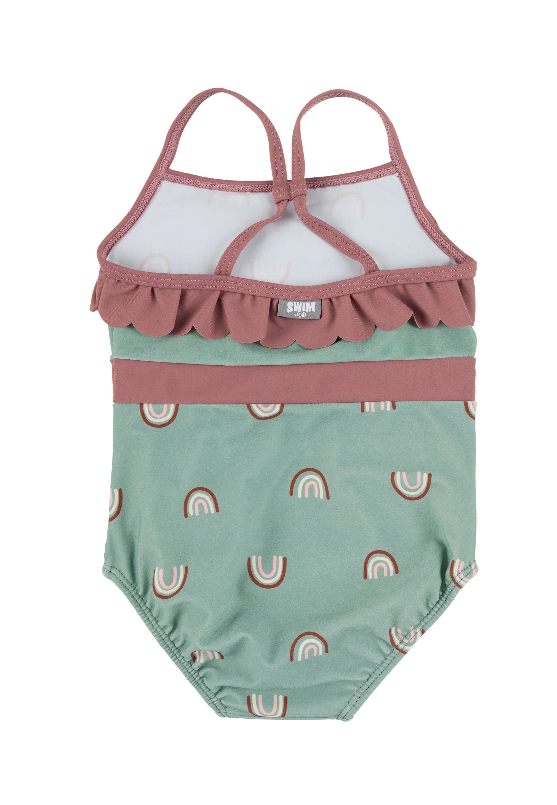 Badeanzug  in Rosa mit Grün und Regenbogen Motiv
