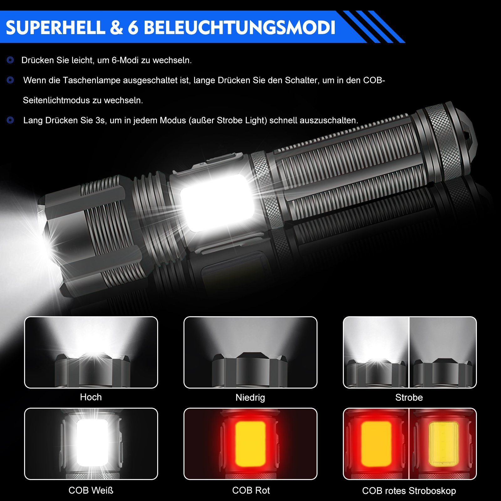 MDHAND LED Taschenlampe USB wiederaufladbare taktische (1-St), Mit COB-BELEUCHTUNG