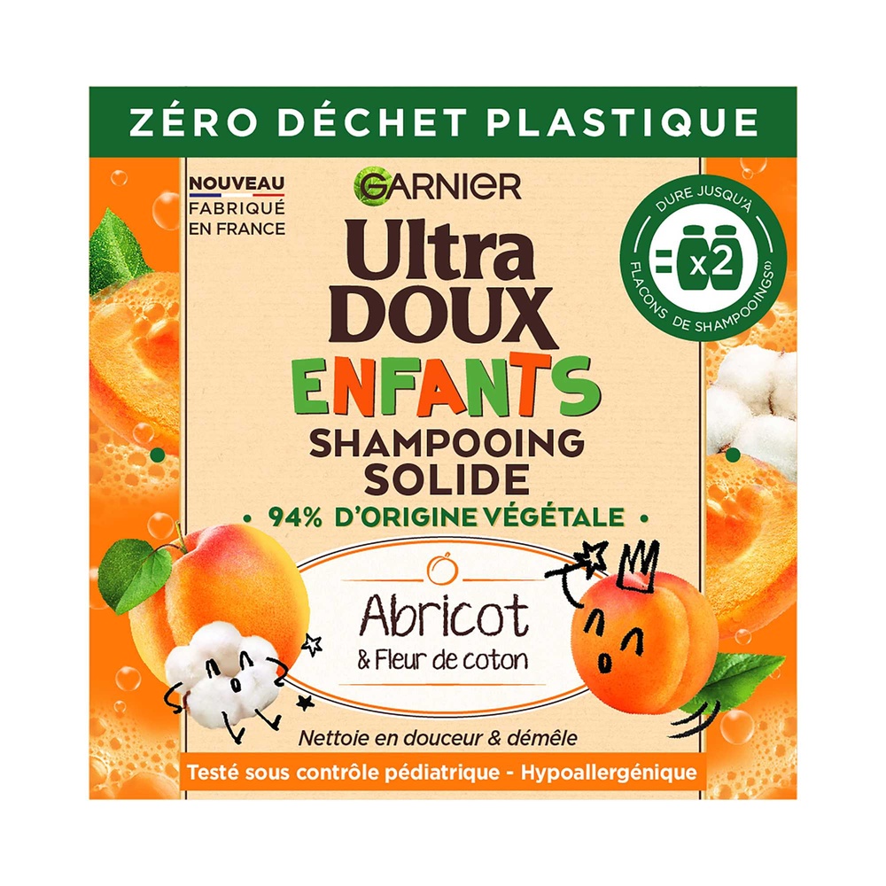 garnier Ultra Doux Enfants Abricot Fleur de Coton Shampooing Solide 2en1 pour Enfants à l'Abricot et Fleur de Coton