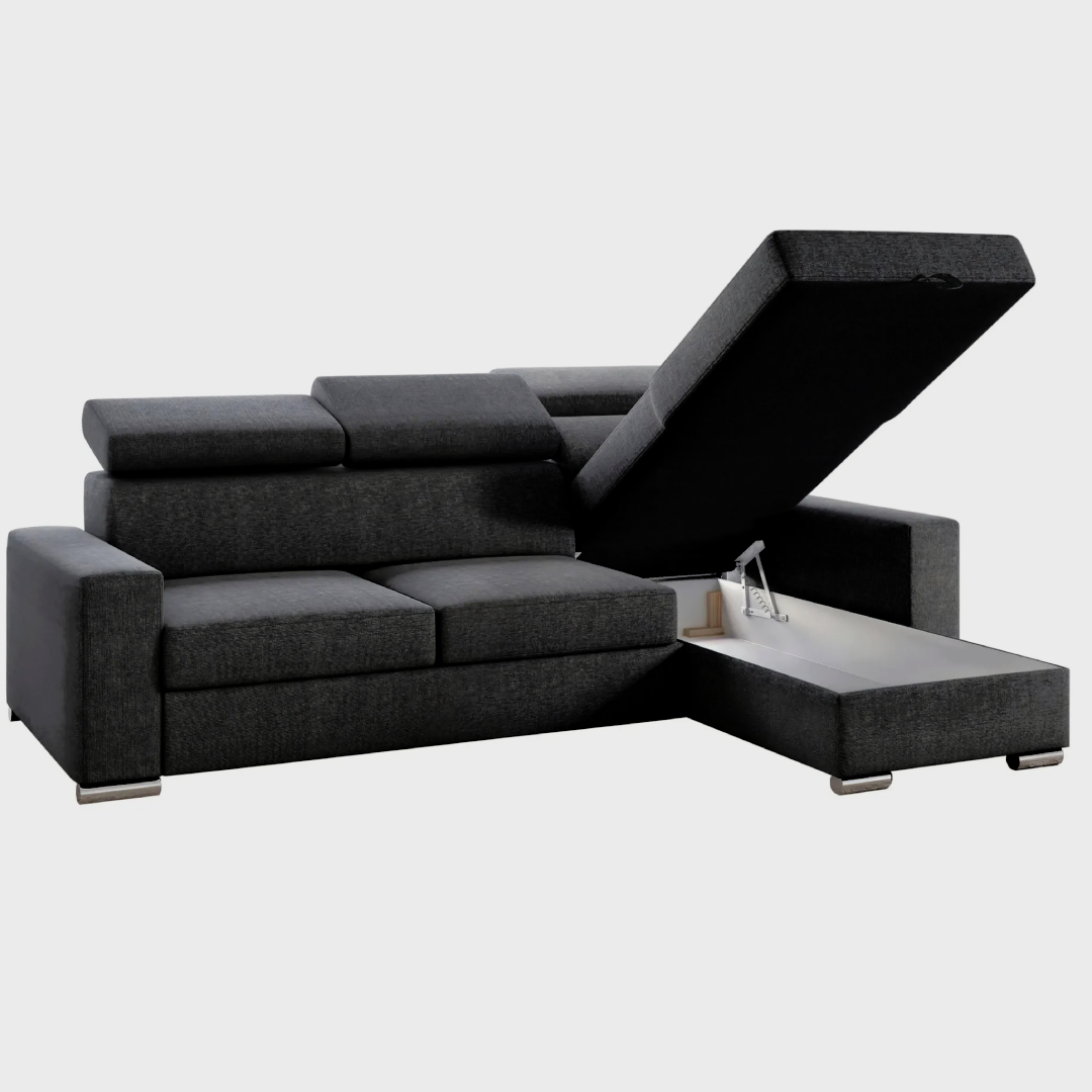 Möbel Punkt Ecksofa TOKIO Webstoff Anthrazit Schwarz mit Bett und Bettkasten Sofa Schlafsofa Wohnlandschaft Polstergarnitur