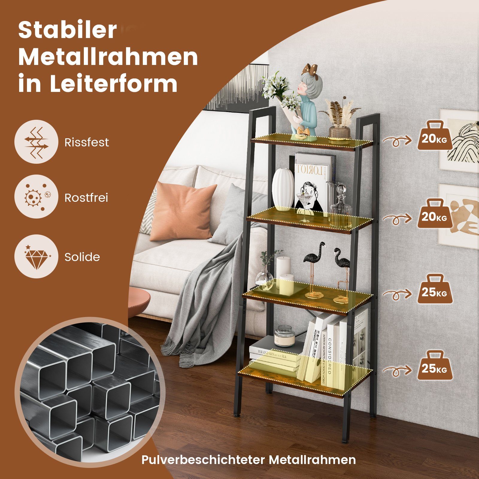 COSTWAY Bücherregal, stehend, 4 Ebenen, Metallrahmen, Kippsicherungen, 138cm