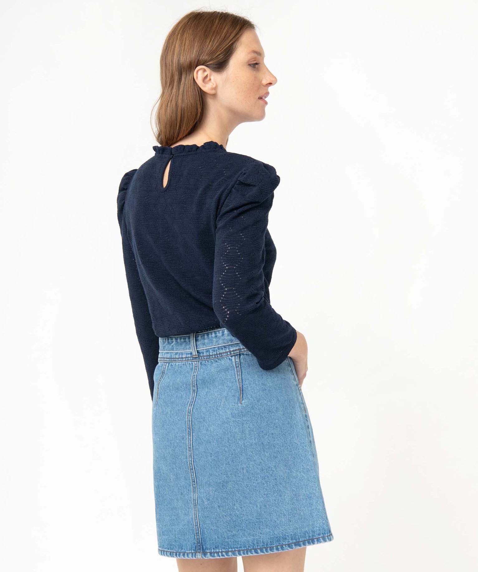 Tee-shirt femme à manches longues en maille texturée noir | GEMO