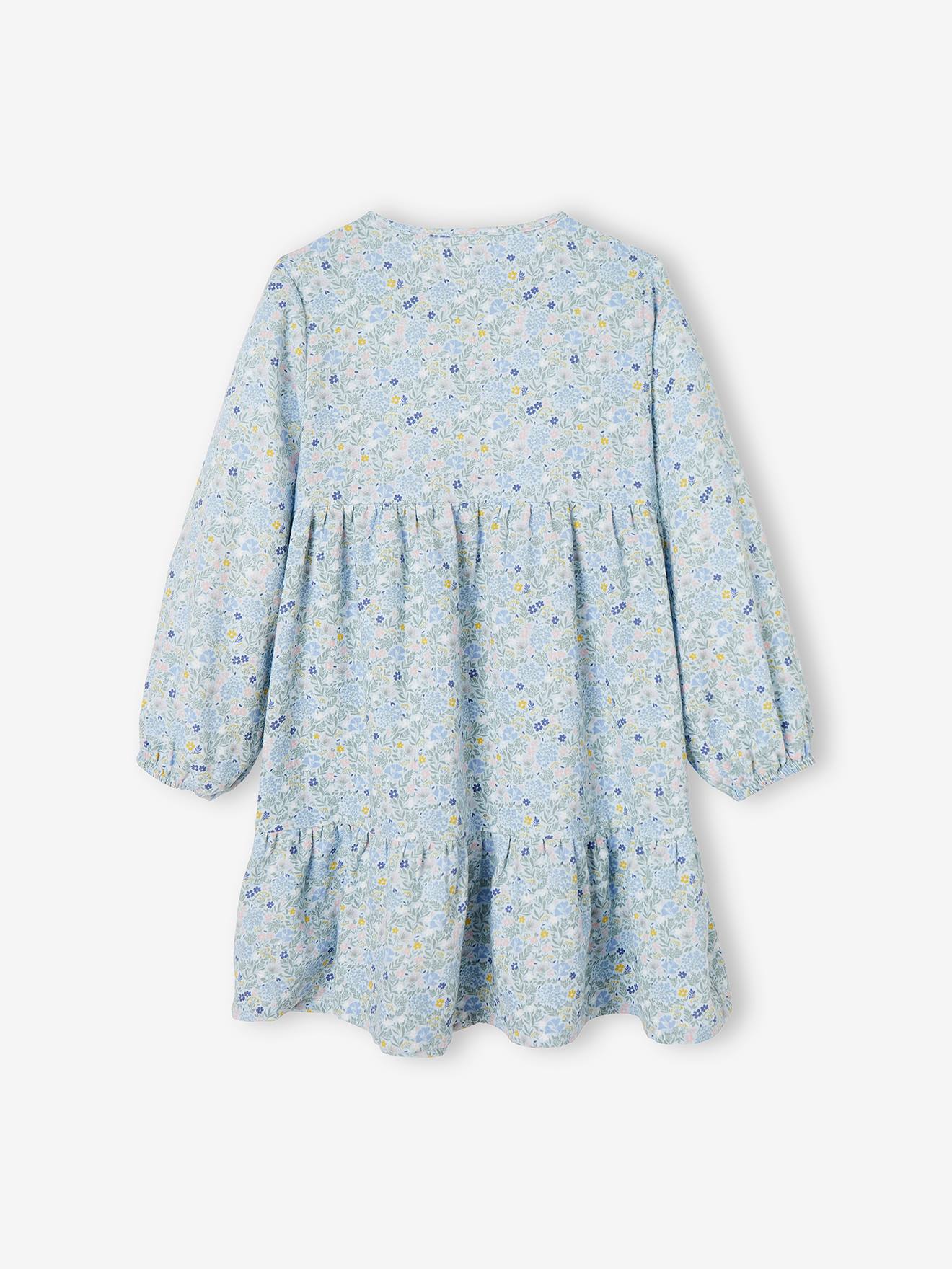Robe volantée à fleurs fille détail matelassé fantaisie bleu ciel