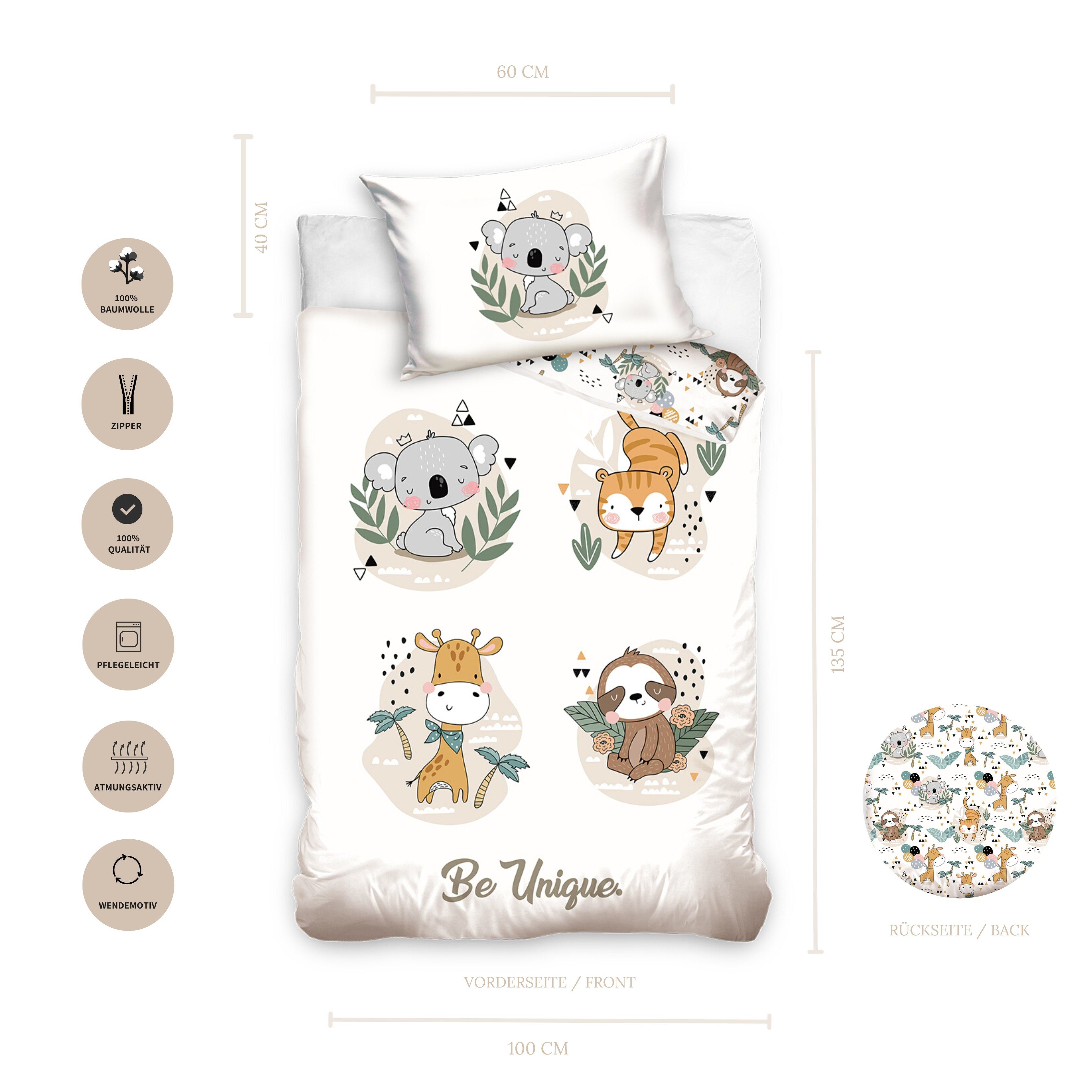 Babybettwäsche Tiere Koala Tiger Giraffe Faultier 100x135 + 40x60 cm, 100 % Baumwolle, MTOnlinehandel, Renforcé, 2 teilig, süße Kleinkinderbettwäsche mit Reißverschluss
