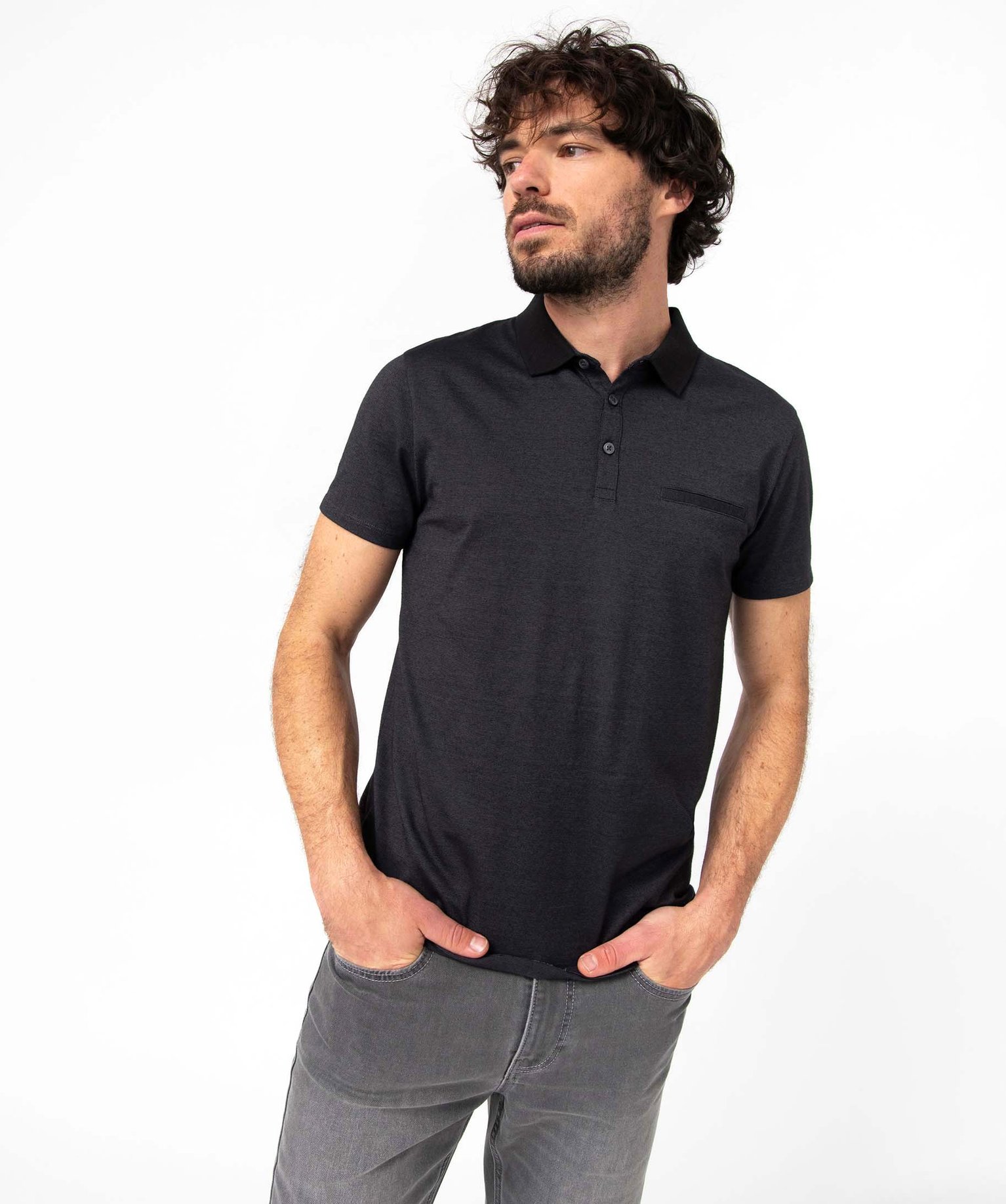 Polo homme à fines rayures et manches courtes noir | GEMO