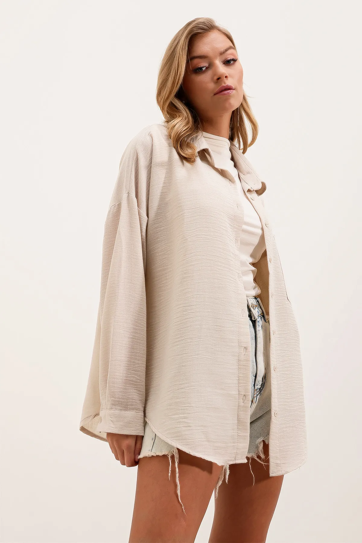 Bigdart  20153 Oversize-Leinenhemd mit einer Tasche – Creme