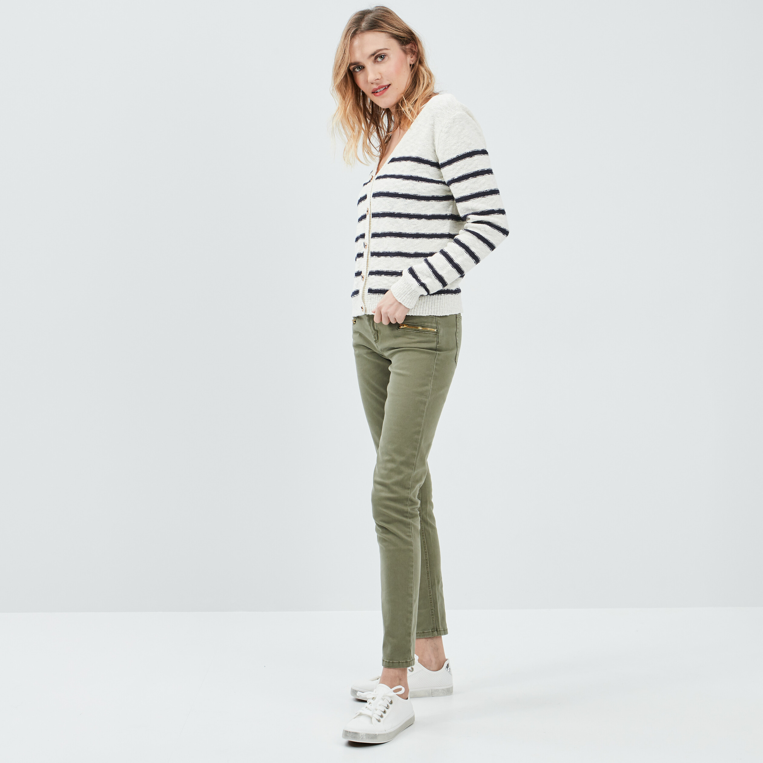 Pantalon skinny détails zippés vert kaki femme | La Halle