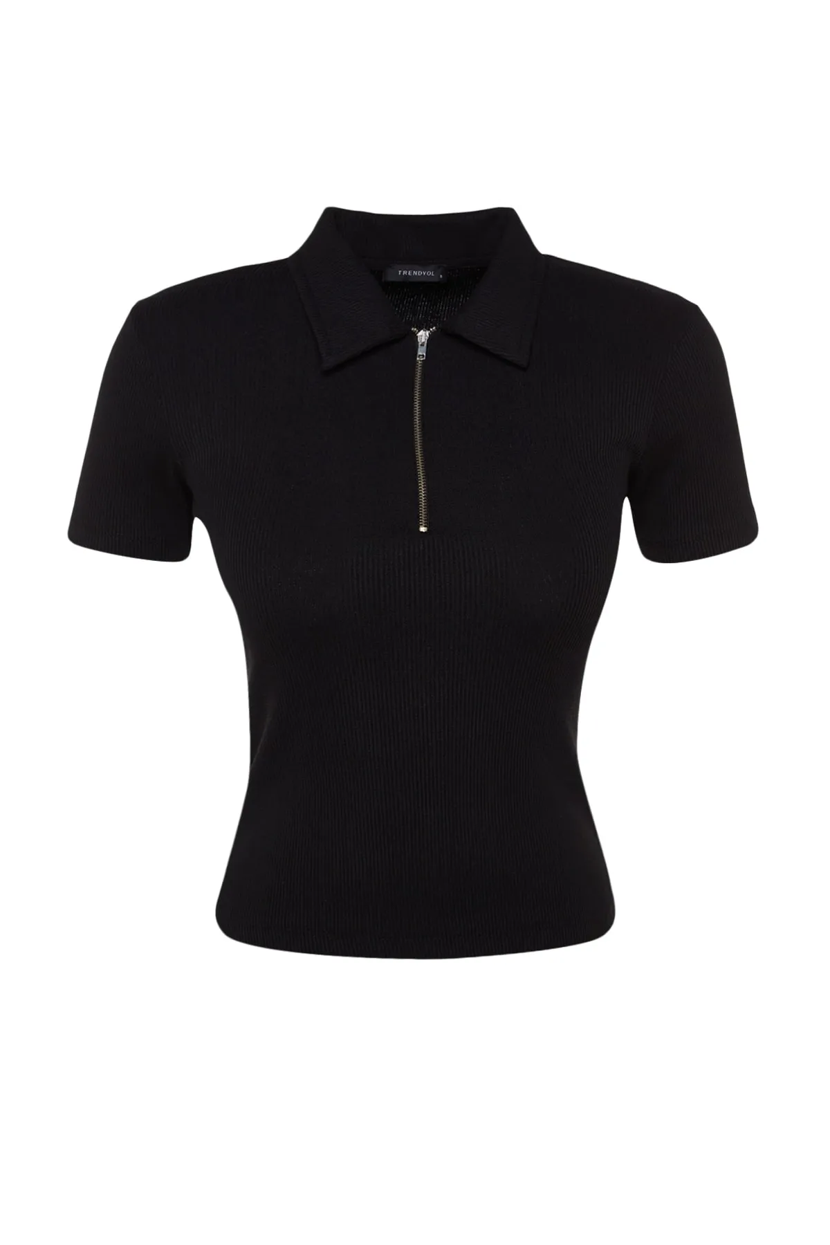 Trendyol Collection  Schwarze, eng anliegende, gerippte, dehnbare Strickbluse mit Reißverschluss und Polokragen TWOSS23BZ00496