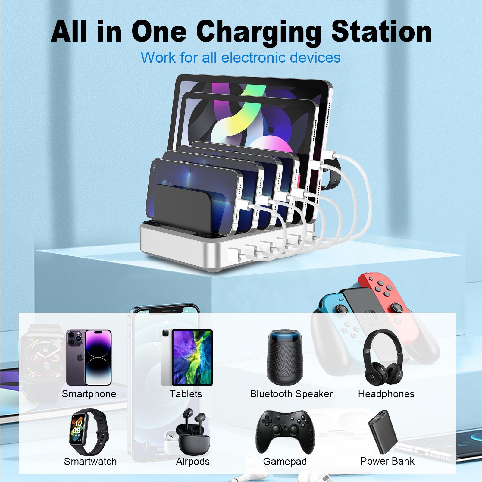 Yaviel Handy-Dockingstation Desktop Ladestation Geräte Multi Ladestation Mehrere Aufladestation, (Ladegerät USB C), Handy Ladestation Mehrfach Ladebox mit 6 USB Ports 68W