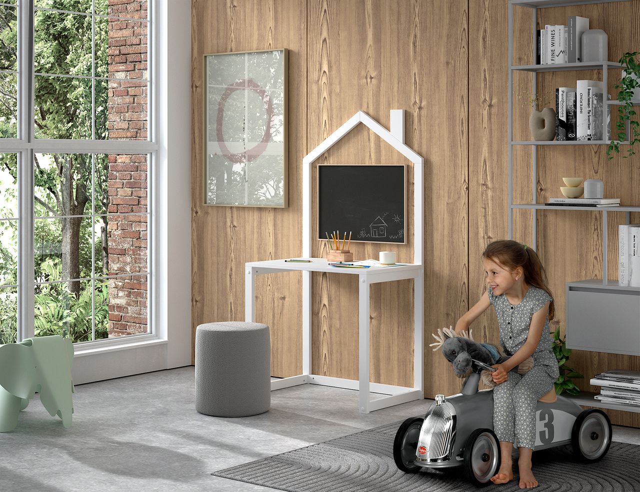 VIPACK DALLAS Kinderschreibtisch mit Haus-Optik aus massiver Kiefer, weiß lackiert
