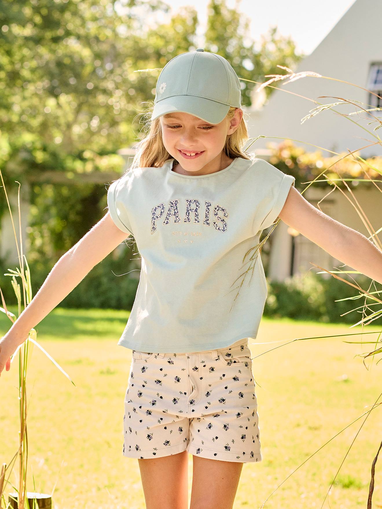 Vertbaudet Mädchen T-Shirt, Blumen-Schriftzug Oeko-Tex - marine/tres bien
