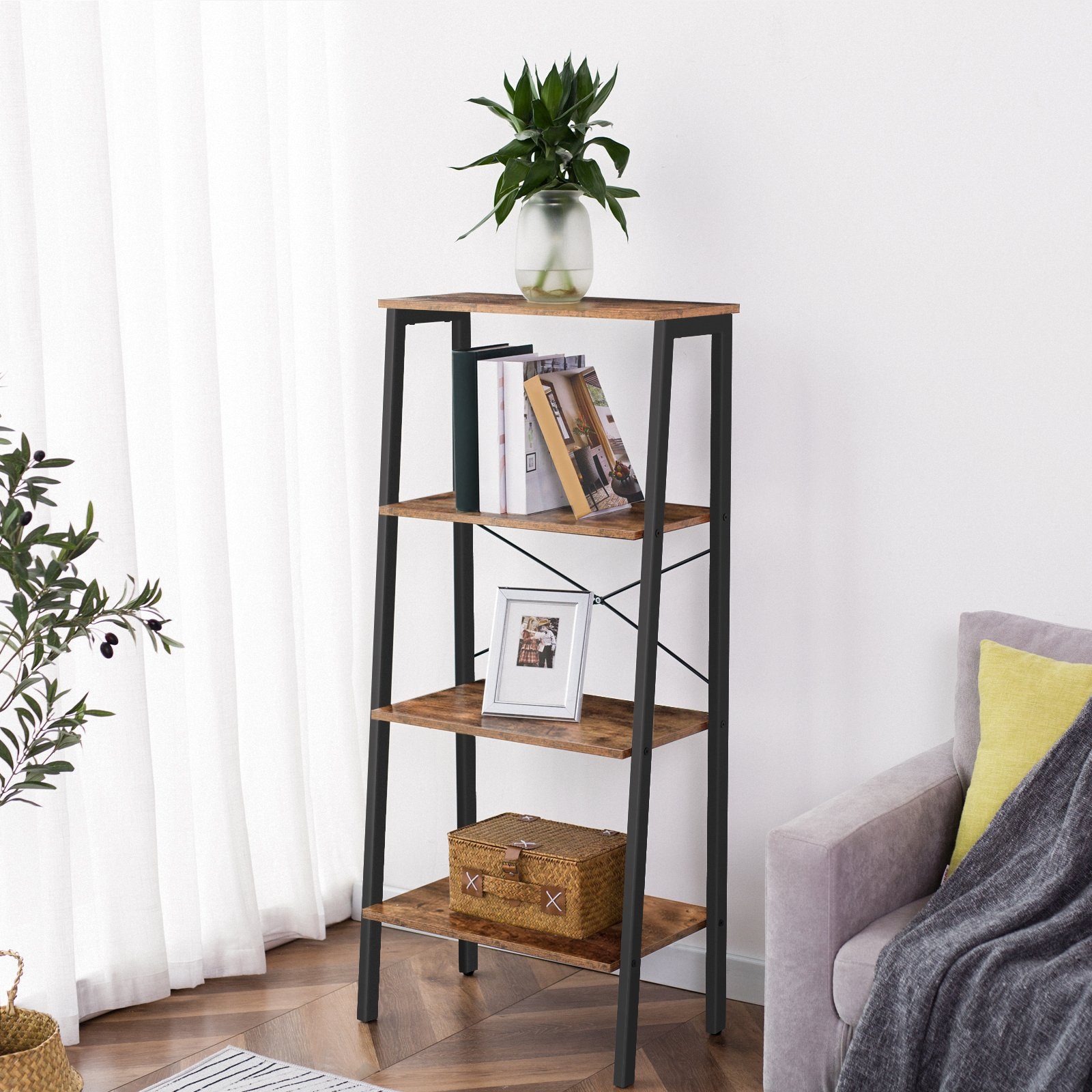 BERLINLODGE® Bücherregal Bronx, Leiterregal Standregal vintage-braun industry-style, für Wohnzimmer, Büro, Schlafzimmer, Küche