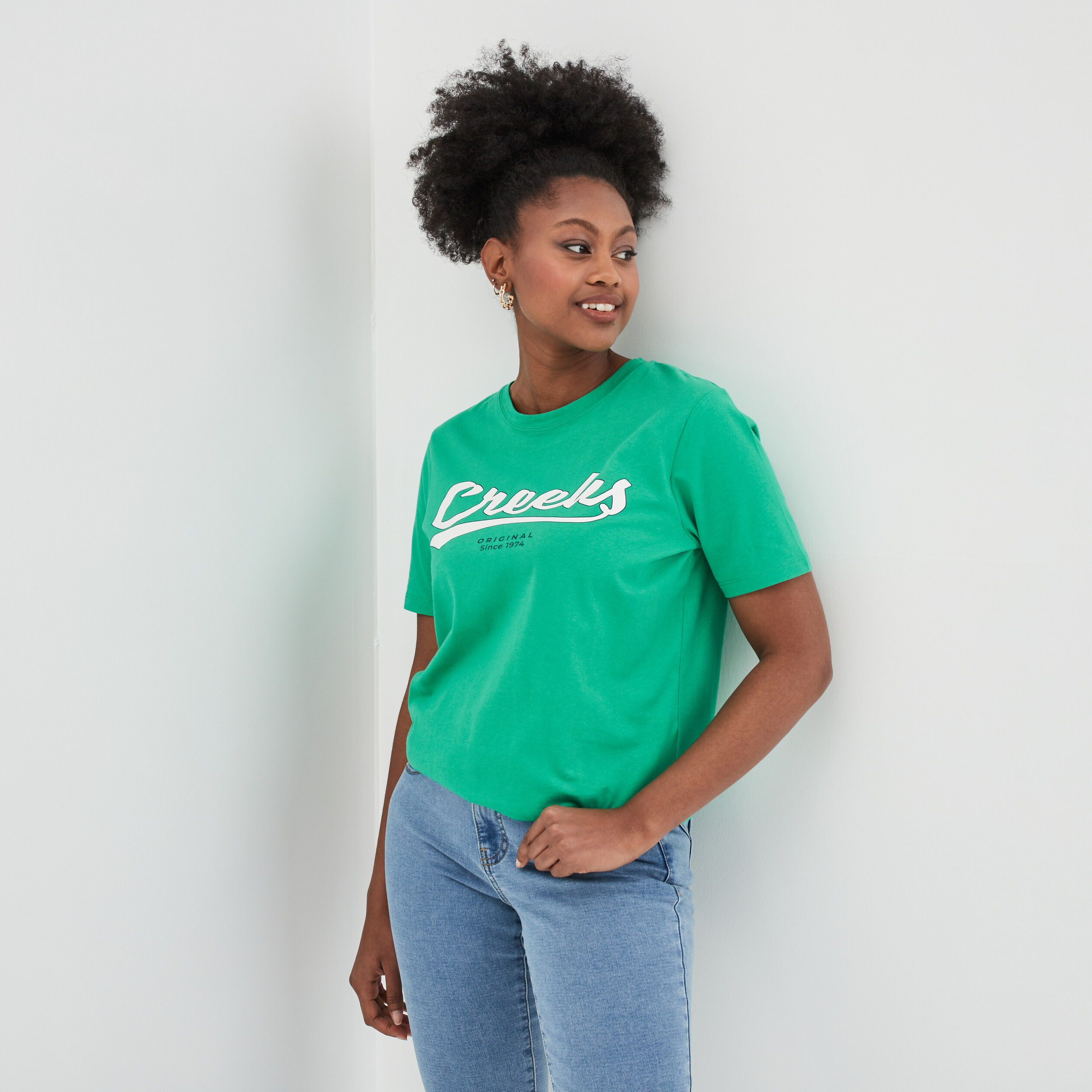 T-shirt oversize col rond coton Creeks vert femme | La Halle
