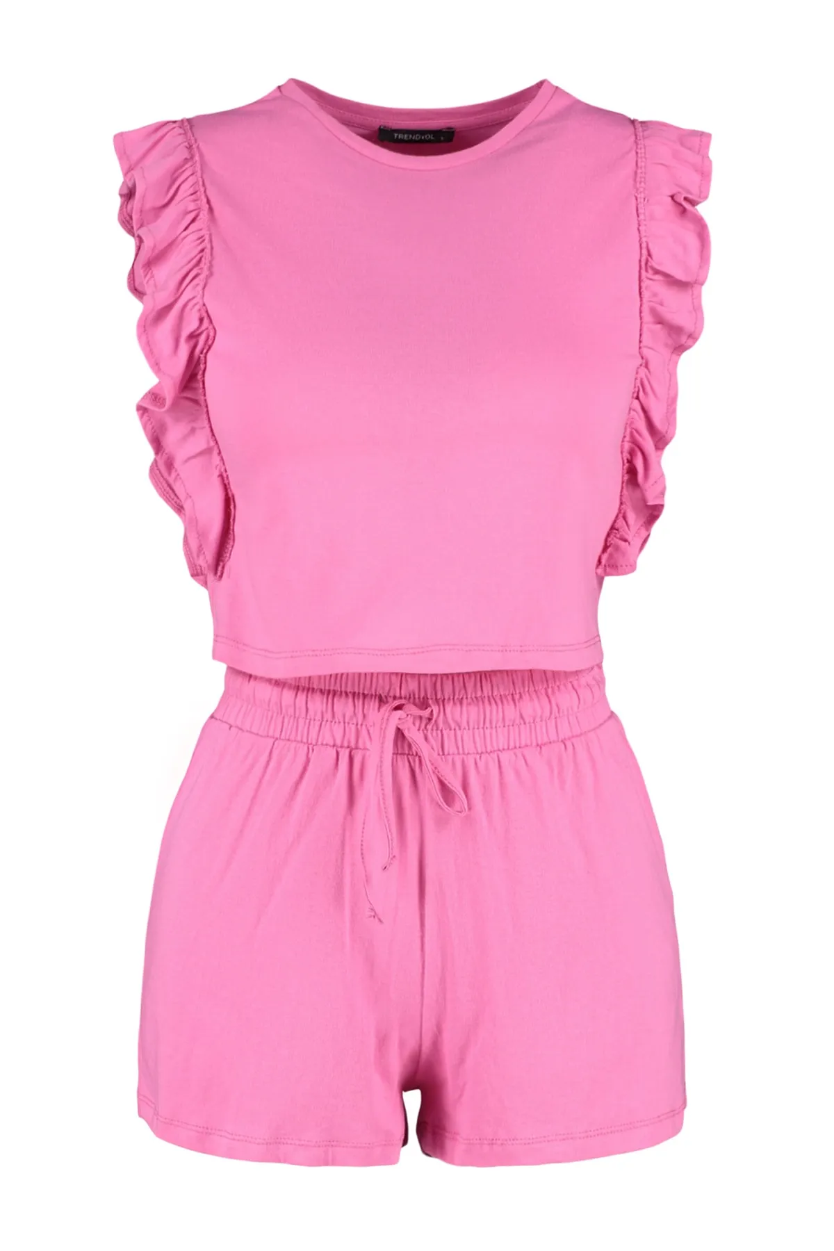 Trendyol Collection  Rosa Pyjama-Set aus T-Shirt und Shorts mit Rüschen, 100 % Baumwolle, THMSS23PT00175