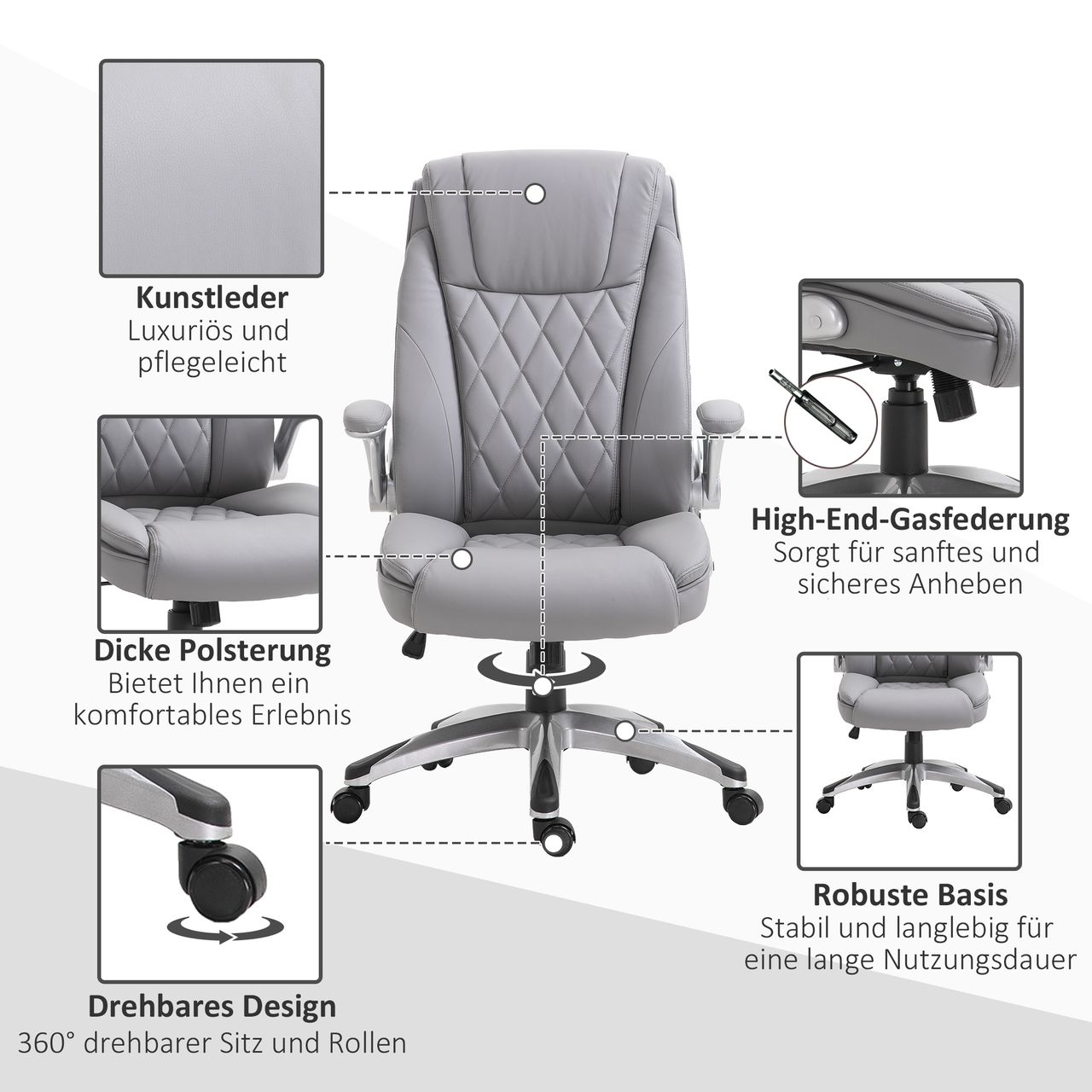 HOMCOM Vinsetto Bürostuhl mit Wippfunktion höhenverstellbar Kunstleder Grau 69,5 x 76 x 113–121 cm
