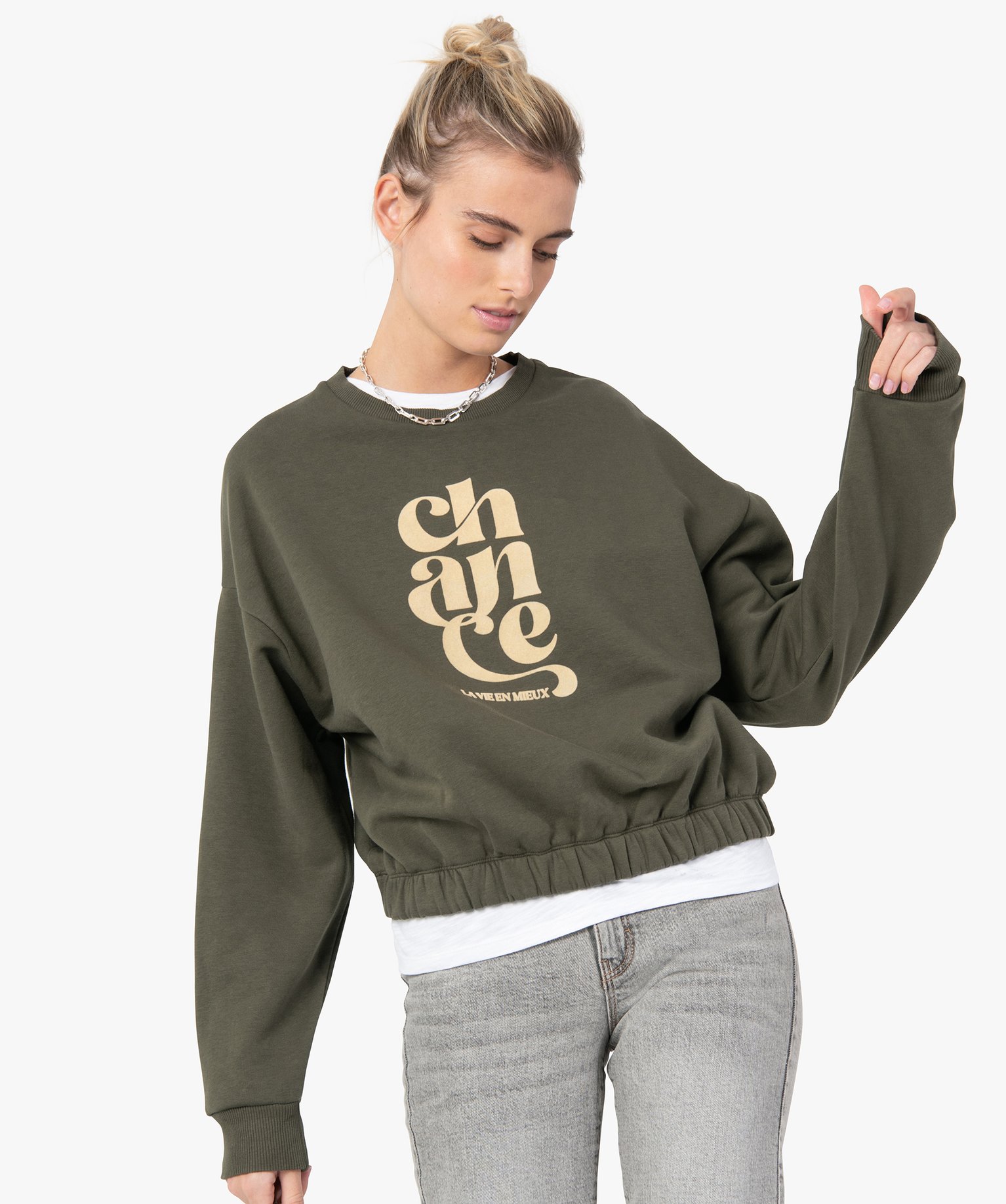Sweat femme court avec inscription XXL kaki | GEMO