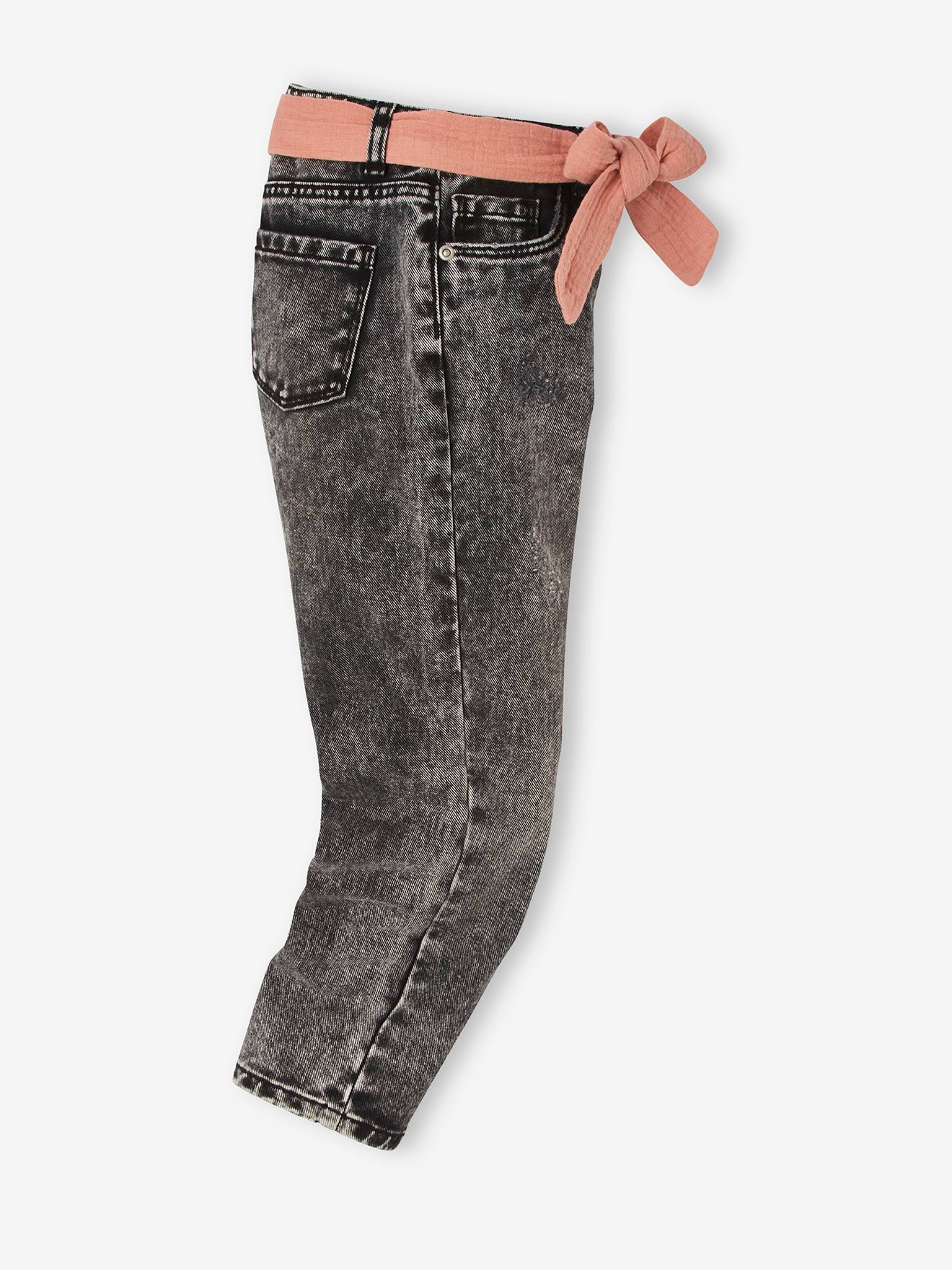 Vertbaudet Mädchen Jeans mit Stoffgürtel, Mom-Fit - schwarz