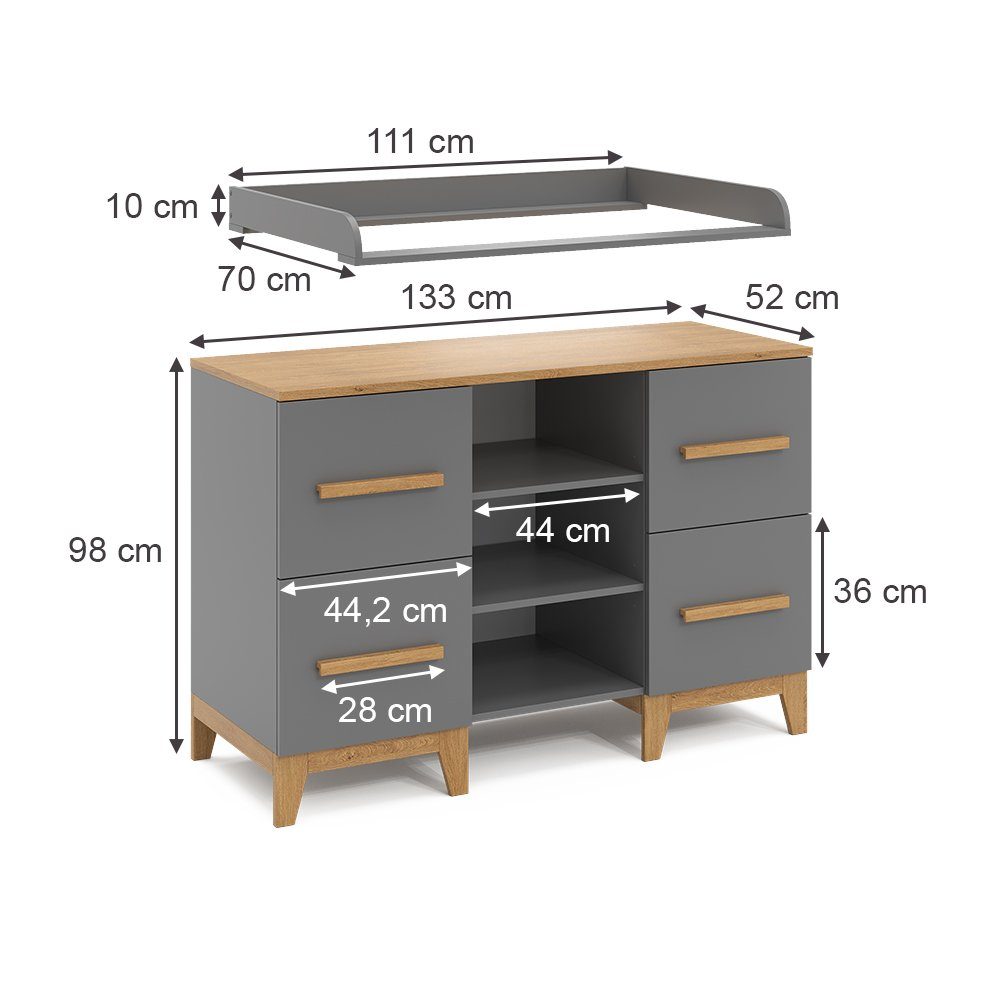 VitaliSpa® Wickelkommode Wickeltisch MALIA Grau/Eiche