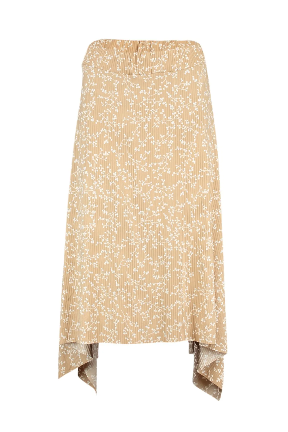 Trendyol Collection  Kamel gemusterter asymmetrischer Midi-Stretch-Strickrock mit Volant und hoher Taille TWOAW20ET0442