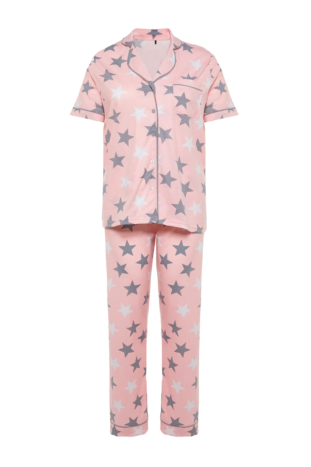 Trendyol Curve  Strickpyjama-Set mit Hemdkragen und Powder Star-Muster TBBAW24AI00040