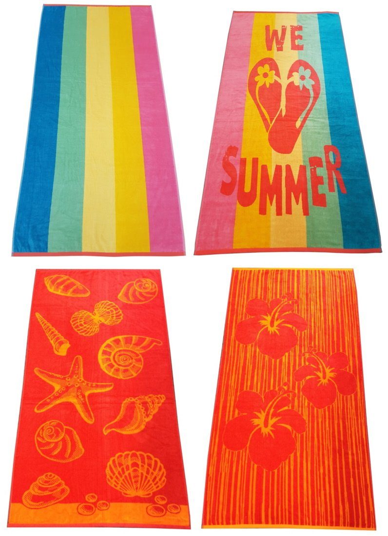 Dreams Strandtücher SUMMER, Velour-Jacquard (1-St), Flip Flops, Streifen, Muscheln & Hibiskus-Blüten