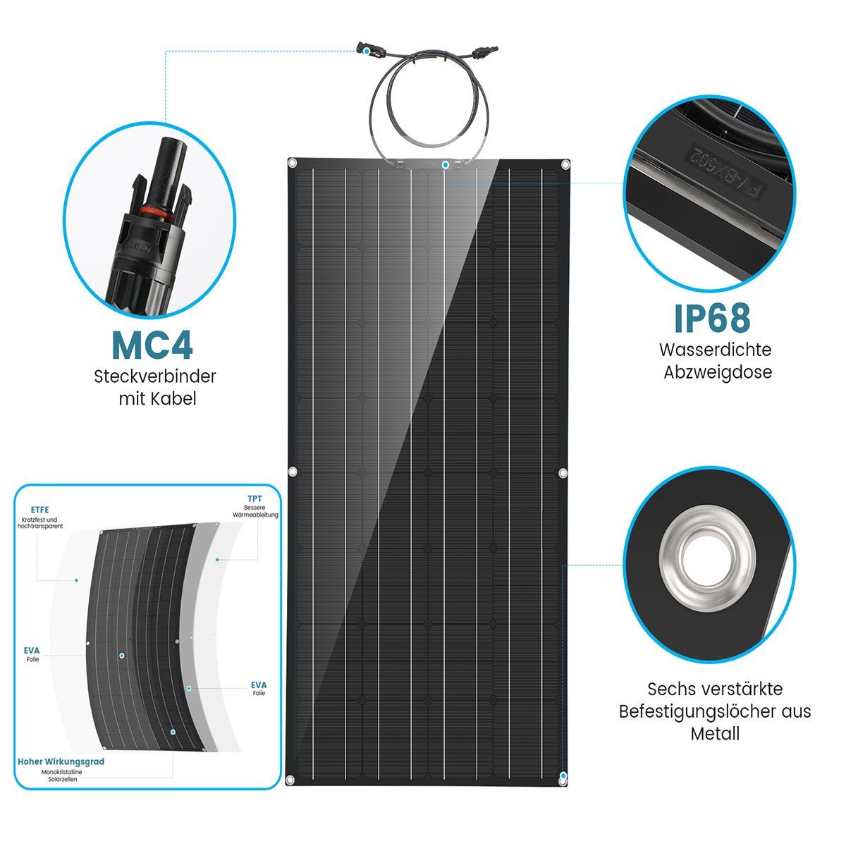 LETGOSPT Solarmodul 200W 18V Solarpanel Monokristallin Solarmodul Solargenerator, Biegbar, 2x 100W Solaranlage Balkonkraftwerk, IP68 Wasserdichte für Auto Boot