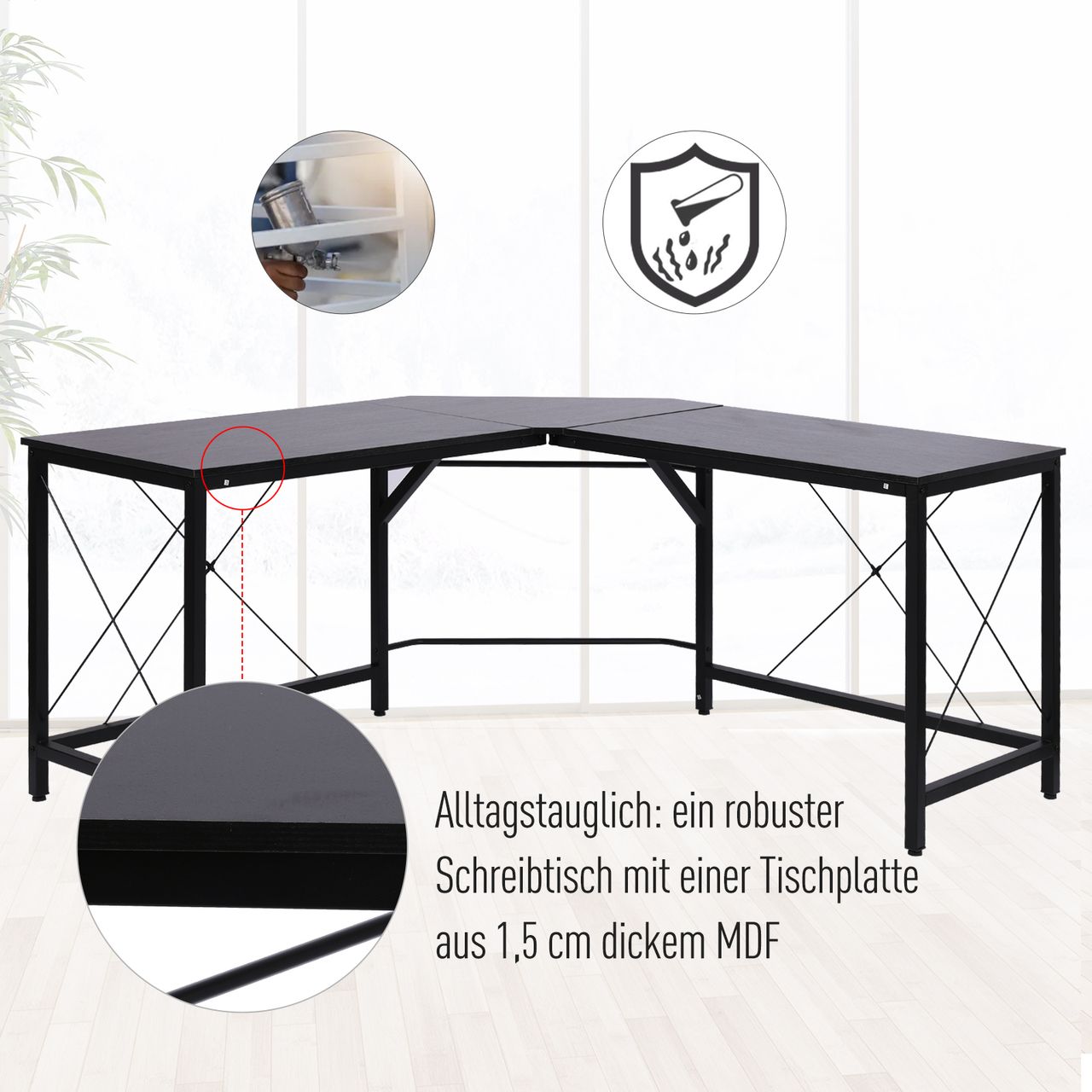 HOMCOM Computertisch L-Form Eckschreibtisch Winkelschreibtisch MDF Schwarz 150 x 150 x 76 cm