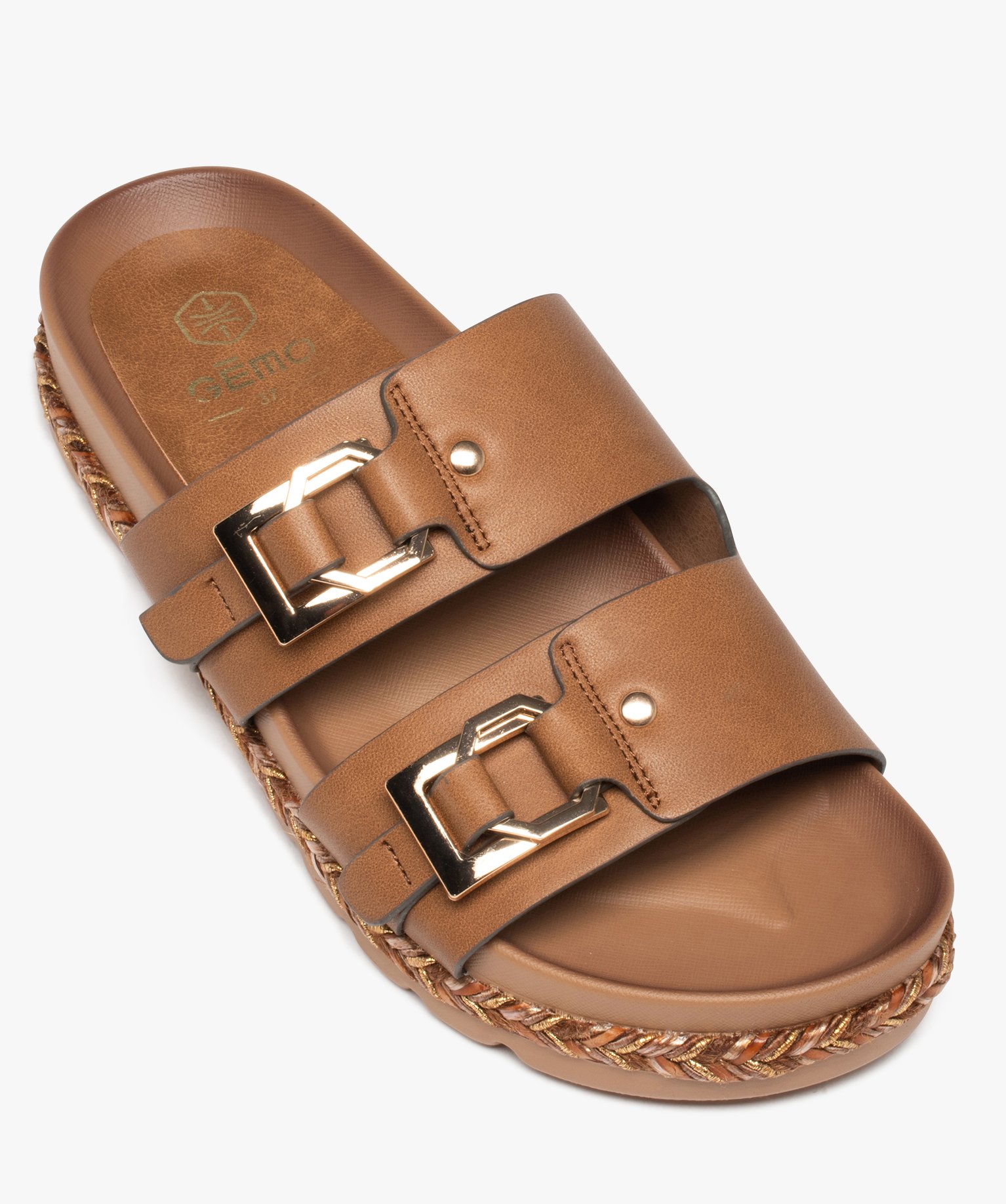 Mules femme à brides et larges boucles métallisées marron | GEMO