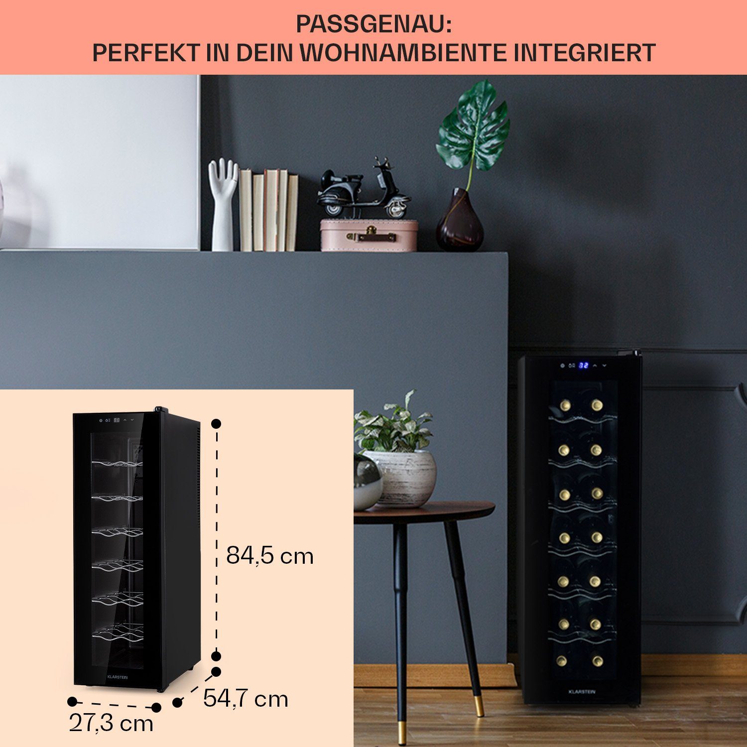 Klarstein Weinkühlschrank Barolo slim 14 Uno, für 14 Standardflaschen á 0,75l,Wein Flaschenkühlschrank Weintemperierschrank Weinschrank Kühlschrank