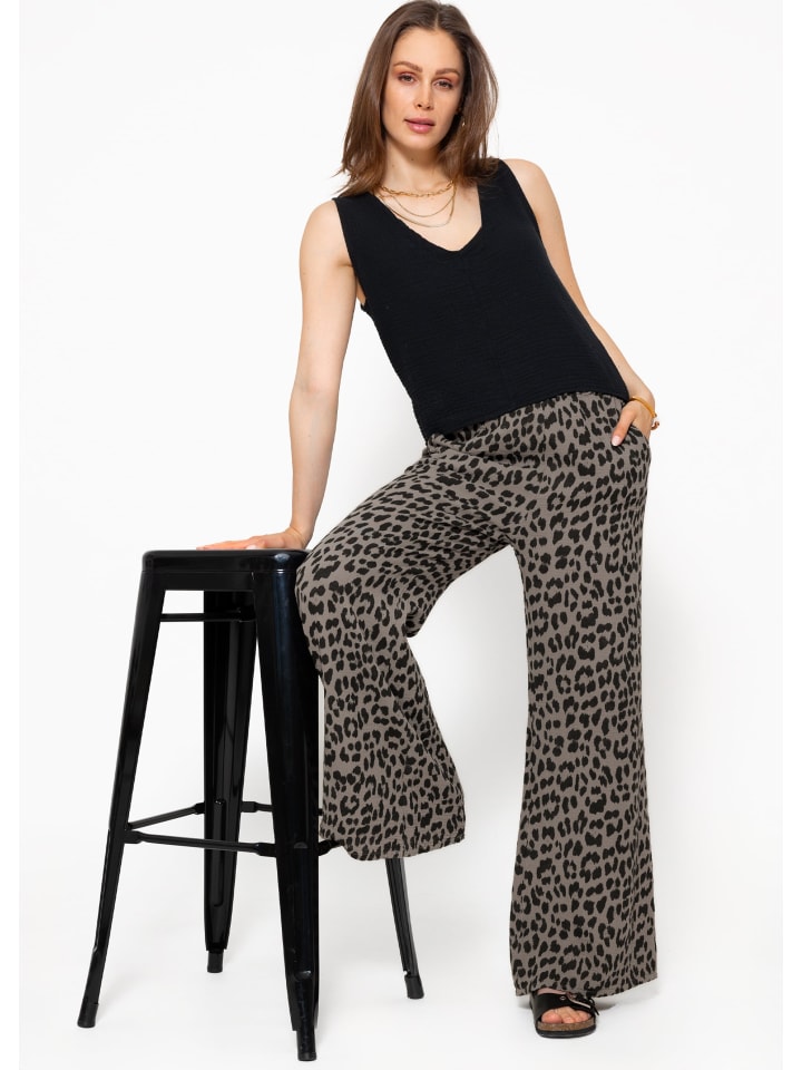 SASSYCLASSY Musselin Pants mit weitem Bein in Leo-Print in Taupe günstig kaufen