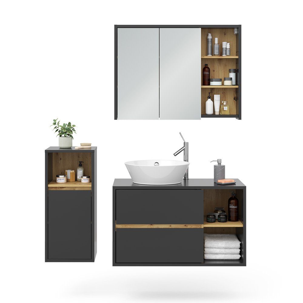 Vicco Badmöbel-Set Badezimmerschrank-Set VIOLA Anthrazit/Artisan-Eiche, (3-St., 3-er Set)