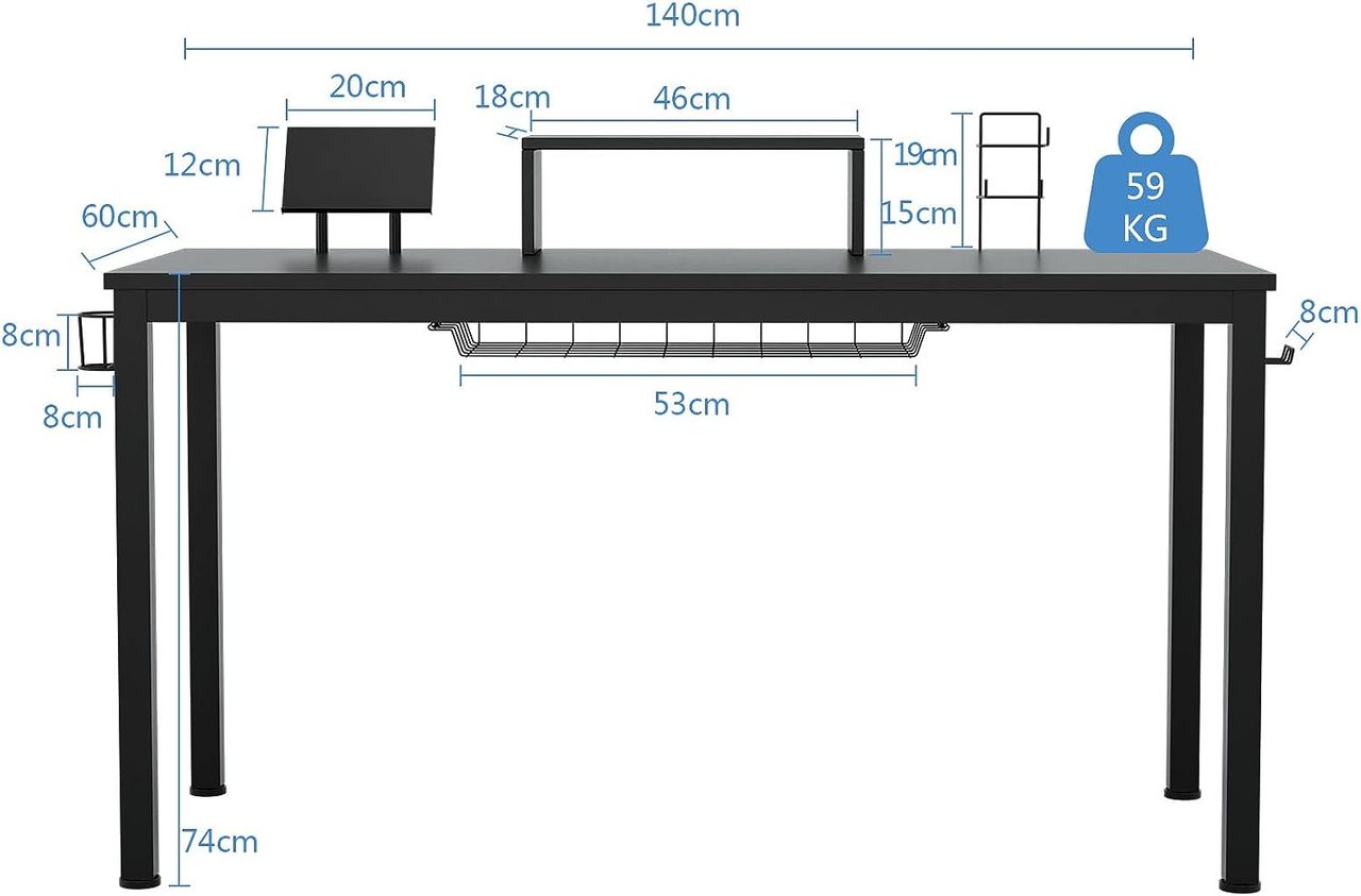 Costway COSTWAY 140cm Gaming Tisch mit Monitorablage, Groß Gamer Schreibtisch