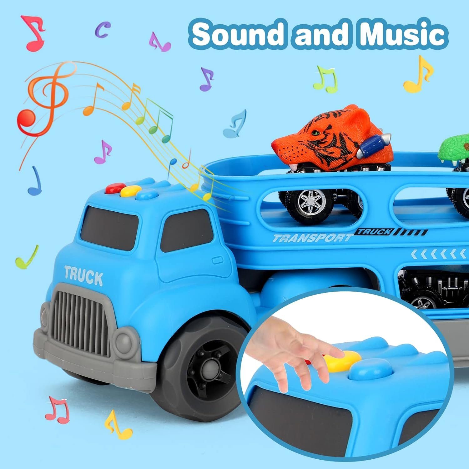 Wenta Spielzeug-LKW Kinder Spielzeugauto-Set mit Musik & Licht, (7-tlg., Spielzeug LKW mit 6 Dinosaurier Autos), Transportwagen Spielzeug für Kinder von 3-5 Jahren