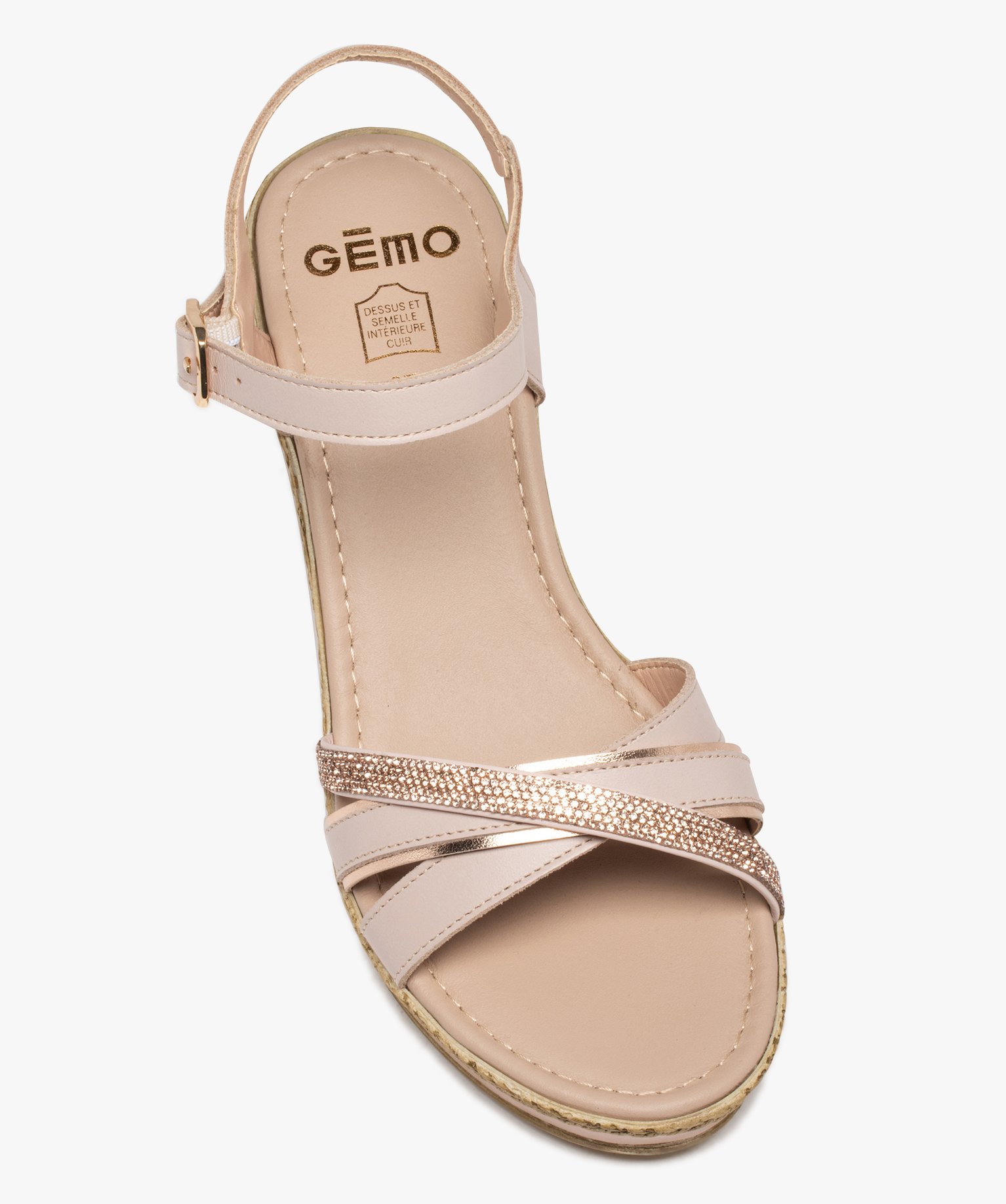 Sandales femme compensées à brides en cuir et strass rose | GEMO