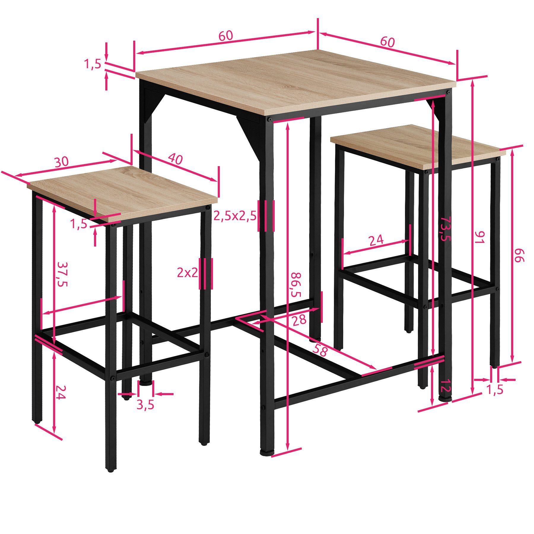tectake Stehtisch Inverness (1-St., 3 tlg), robuste Oberfläche