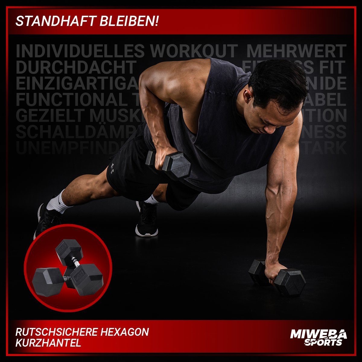 Miweba Sports Kurzhantel Premium Hexagon Hantel HGH100 - 7 verschiedene Varianten, (Einzelhantel, 7,5-30 kg, Gusseisen-Kern, kreuzgerändelte Struktur, Krafttraining), Hantelgewichte Fitnesshanteln Gewichte Fitness Sport Hanteln