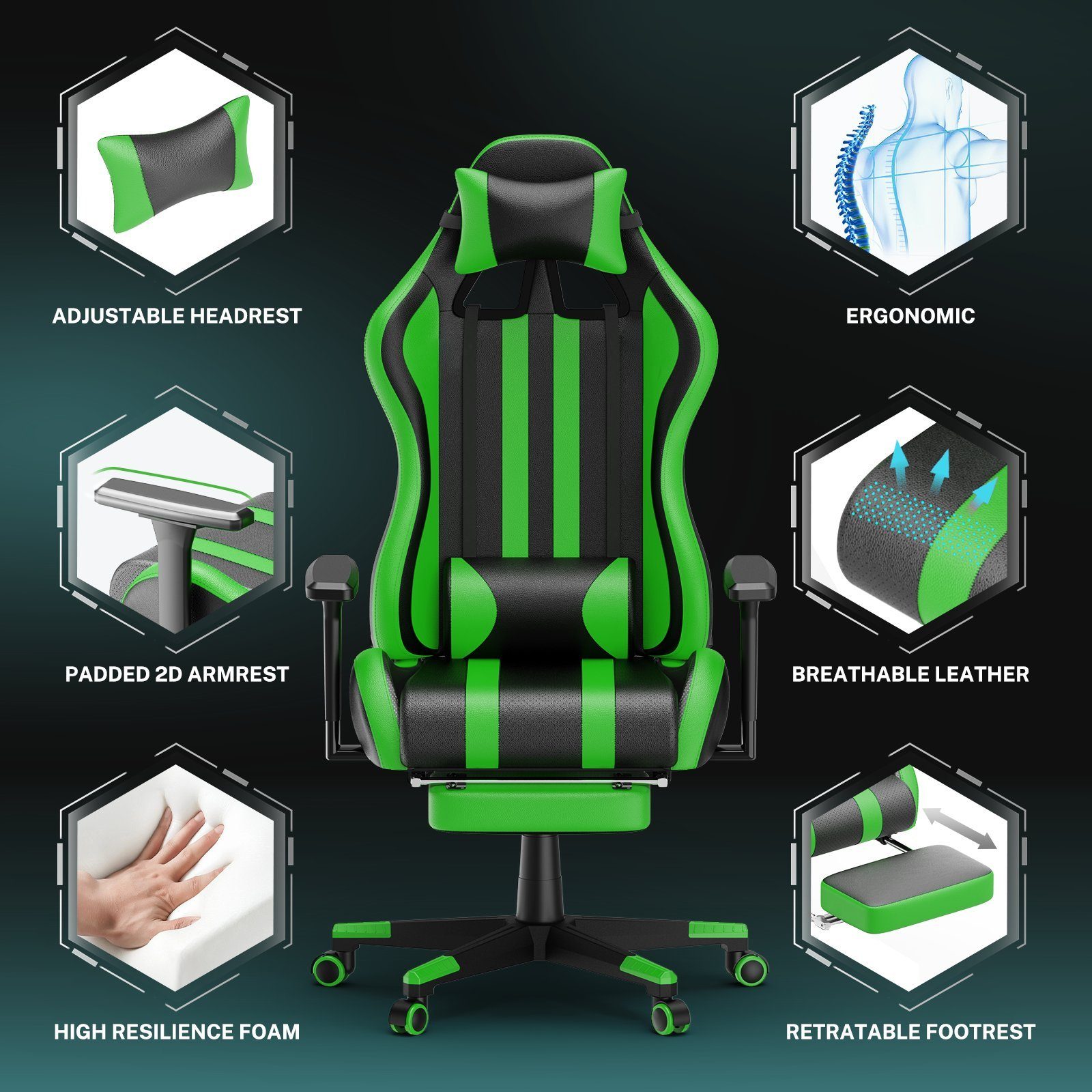 AUFUN Gaming-Stuhl Authmic Biirostuhl Ergonomischer Schreibtischstuhl, Max. 150 kg (Massage Gaming Sessel für Livestreaming Xbox (Grau/Blau/Grün/Rot/Schwarz), mit Vibration Massage Lendenkissen, Fußstütze, Kopfstütze, Ergonomisch