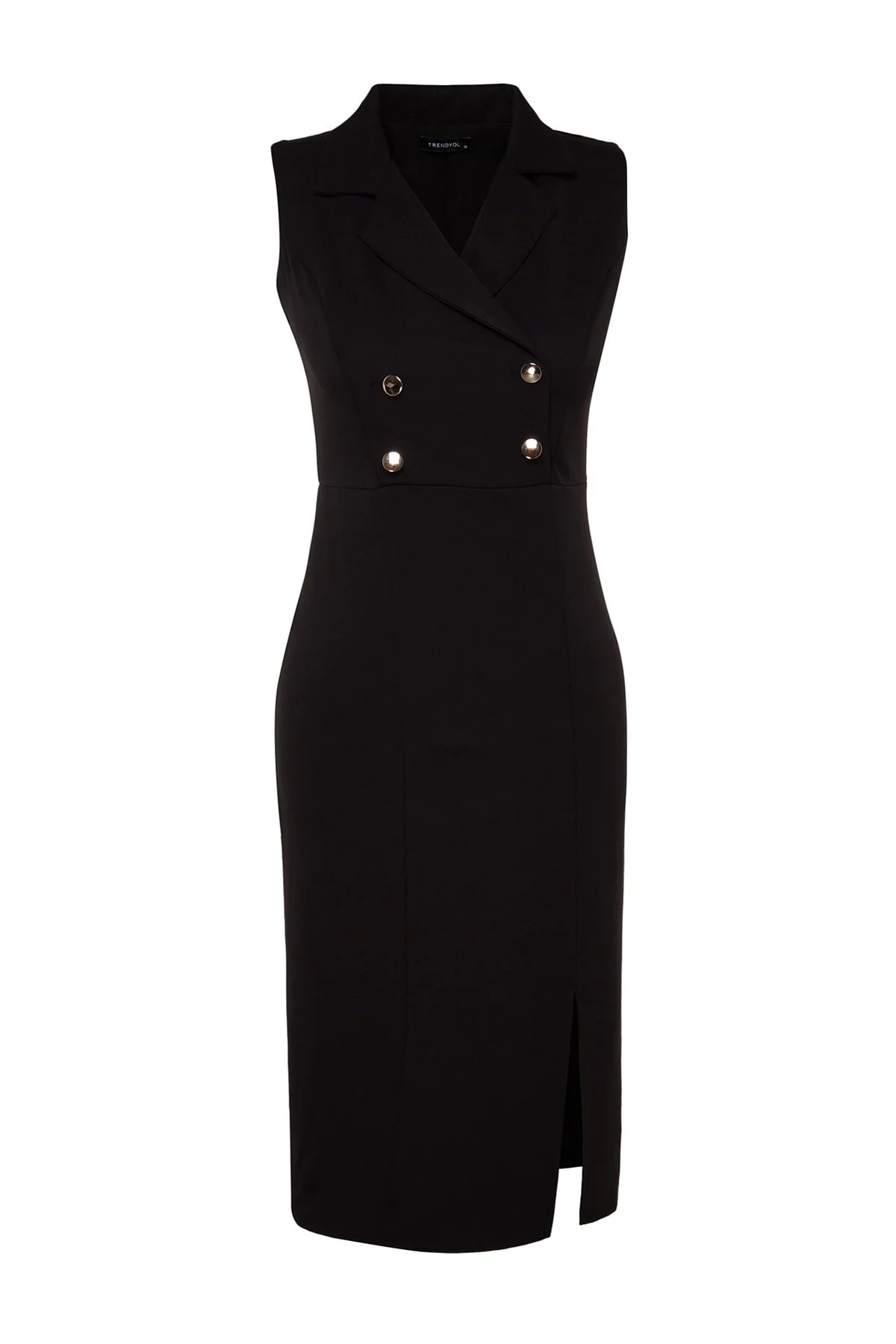 Trendyol Collection  Schwarzes, figurbetontes Midikleid aus Webstoff mit Knöpfen und detailliertem Schlitz TWOSS23EL02256