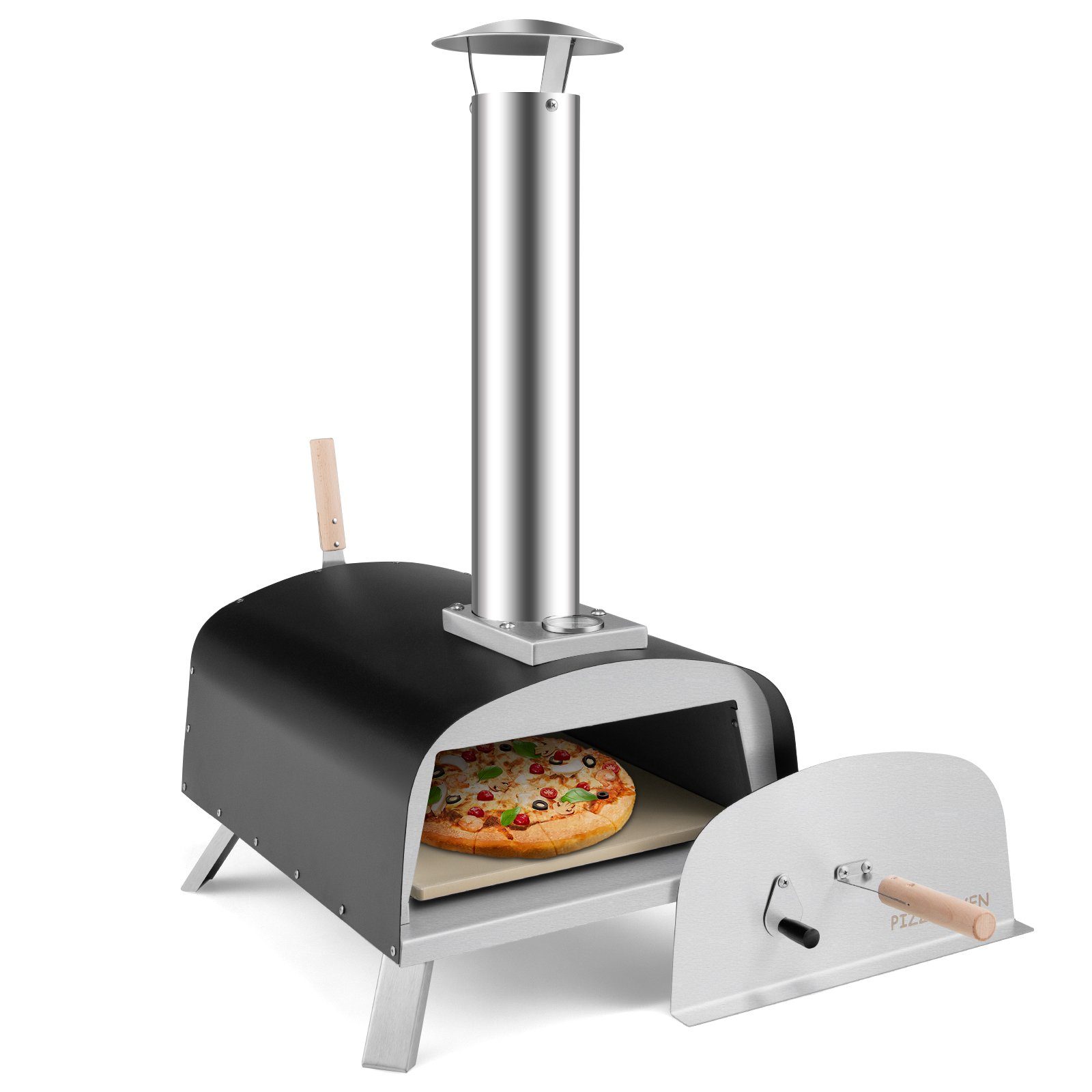 COSTWAY Pizzaofen, inkl. Pizzaschieber & Pizzastein, Gas & Holz, bis zu 450 °C