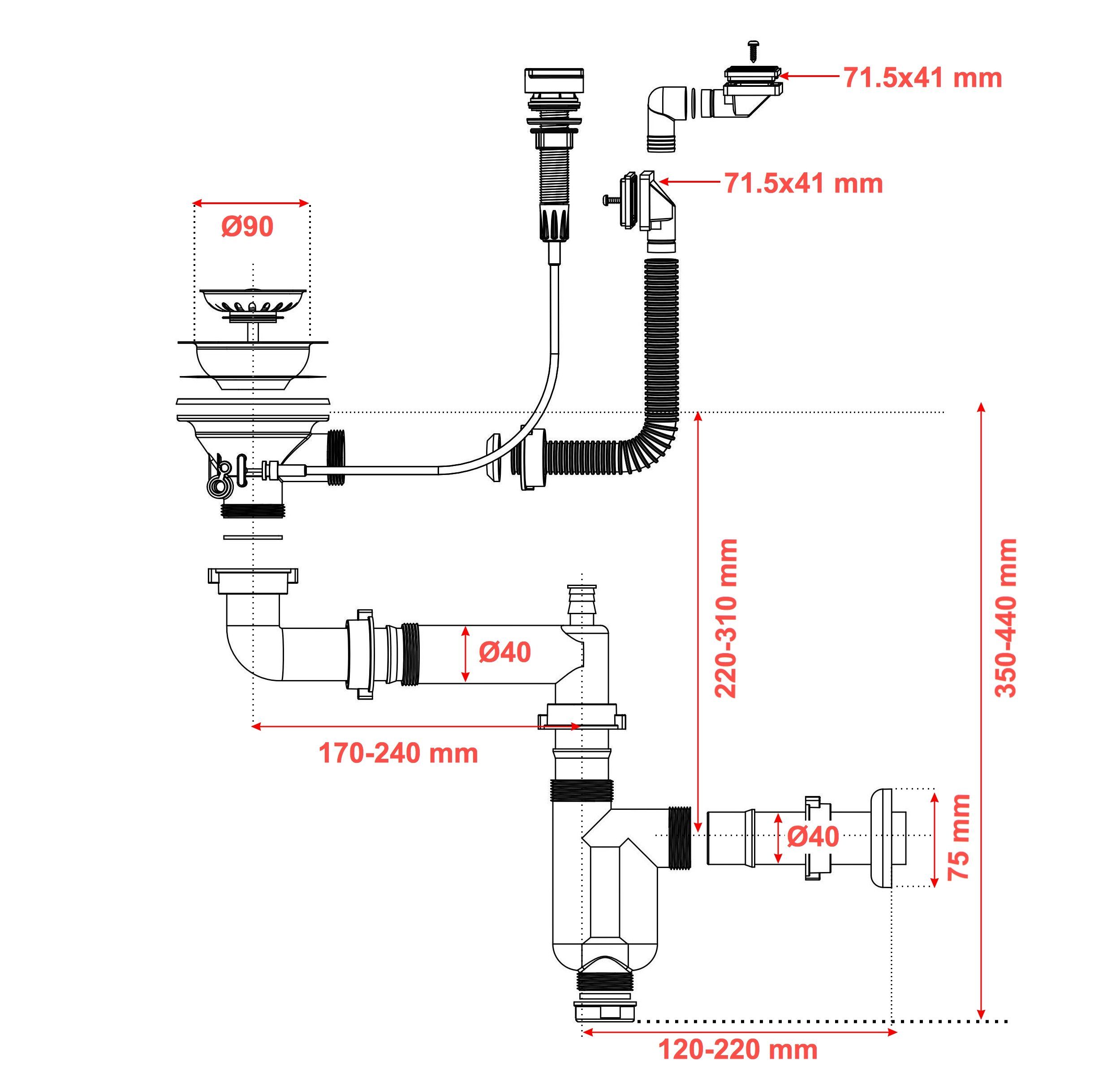 manestein Ablaufgarnitur Manestein Ablaufgarnitur, Küchenspülenablauf-Set, Siphon mit Überlauf, mit Auto Spülen-Siebkorbventil 3,5