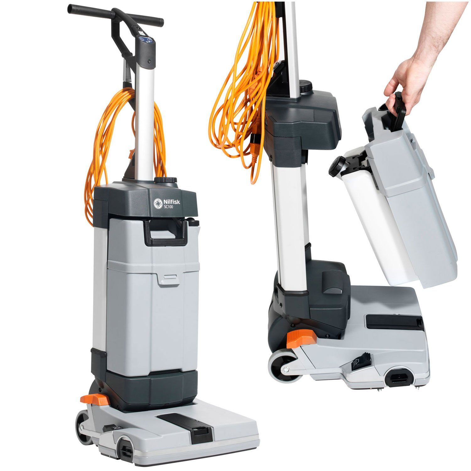 Nilfisk Hartbodenreiniger 107408103 SC 100 E, 800 W, Scheuersaugmaschine, Ein- oder Zweihand-Bedienung, Schmutzwassertank