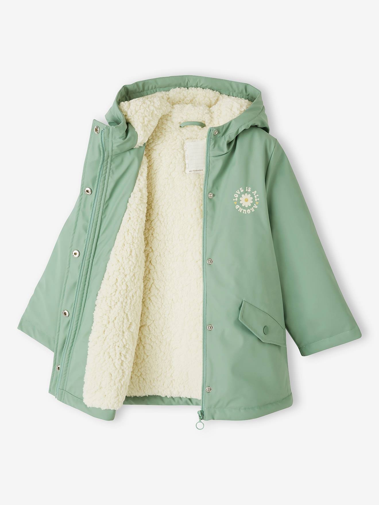 Vertbaudet Mädchen Regenjacke mit Kapuze & Teddyfleece-Futter - moosgrün