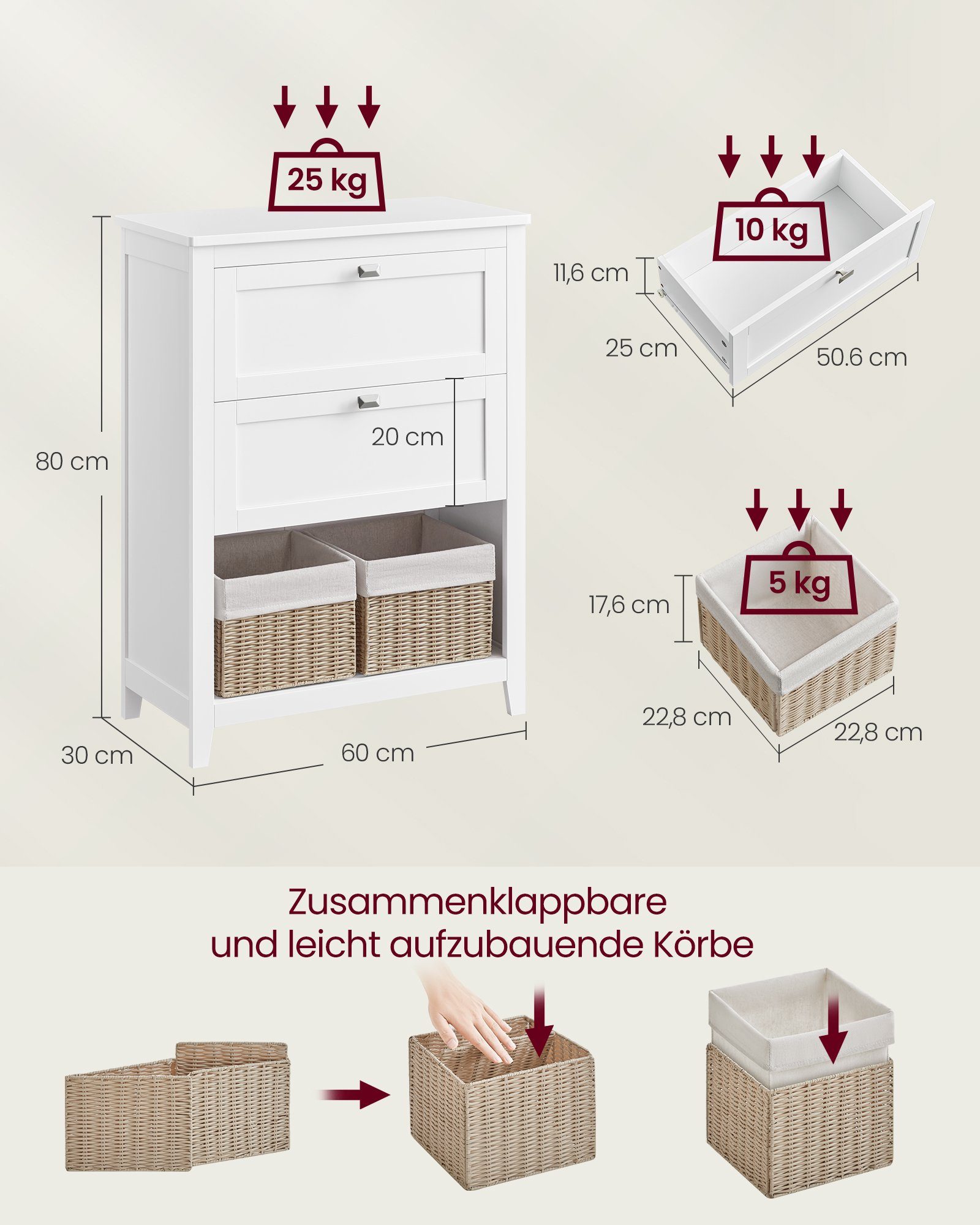 VASAGLE Badkommode Badezimmerschrank, Badschrank mit 2 Schubladen, 2 Körbe