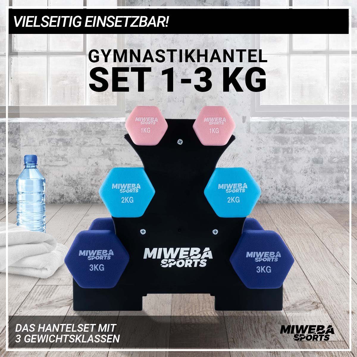 Miweba Sports Hantel-Set Premium Gymnastikhantel-Set NKH120 inkl. Hantelablage, (rutschfest - Fitness Sport Muskelaufbau Training Hantel Set Kurzhantelset Kettlebell Set, 1 kg - 2 kg - 3 kg, 3 Farben, Hexagon-Form, Neopren), Kurzhantel Aerobic Hantel