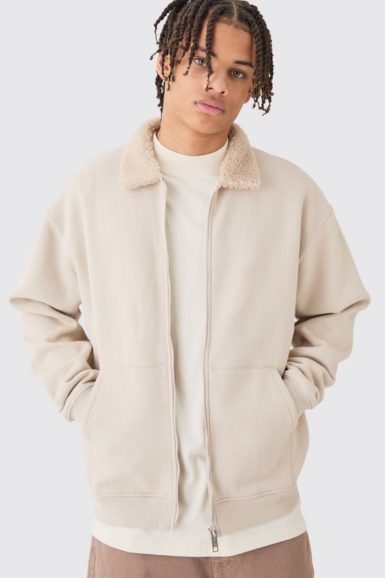 Oversize Jersey-Bomberjacke mit Borg-Kragen