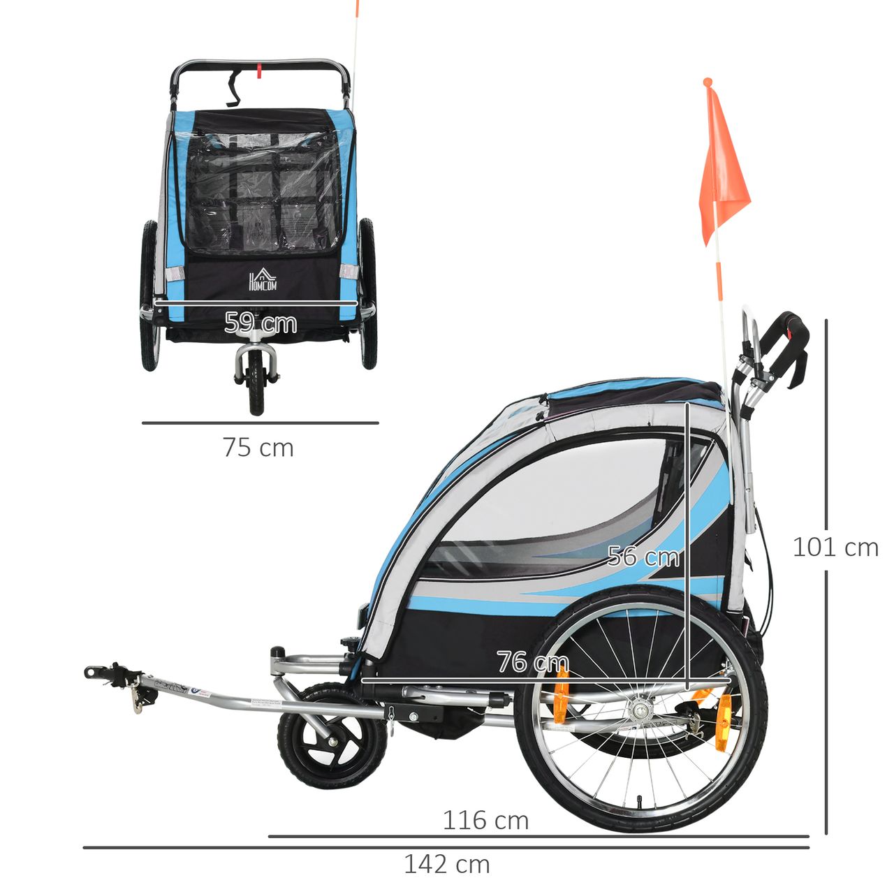 HOMCOM 2 in 1 Kinderfahrradanhänger, Kinderanhänger mit Federung, Blau Schwarz