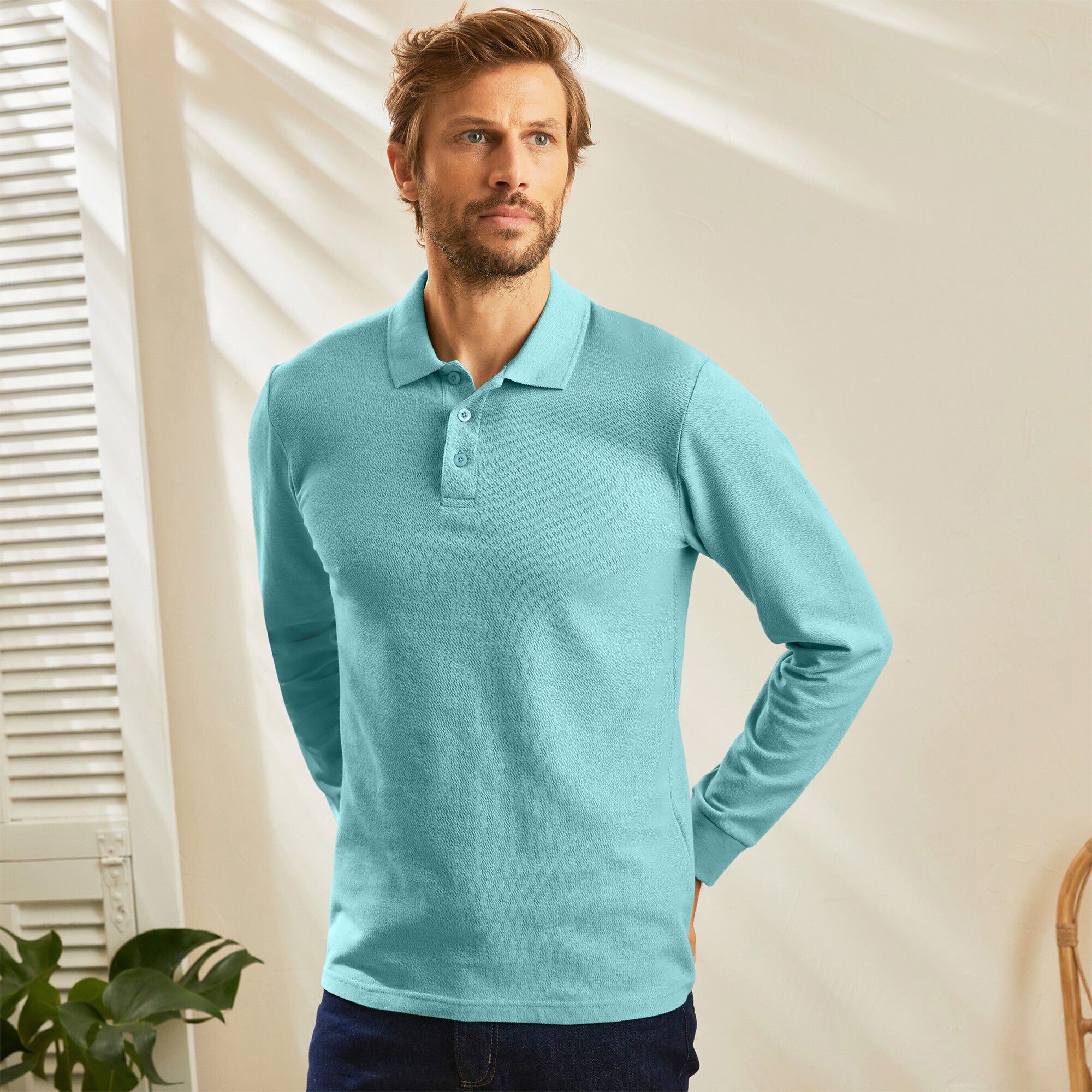 Polo uni maille piquée manches longues