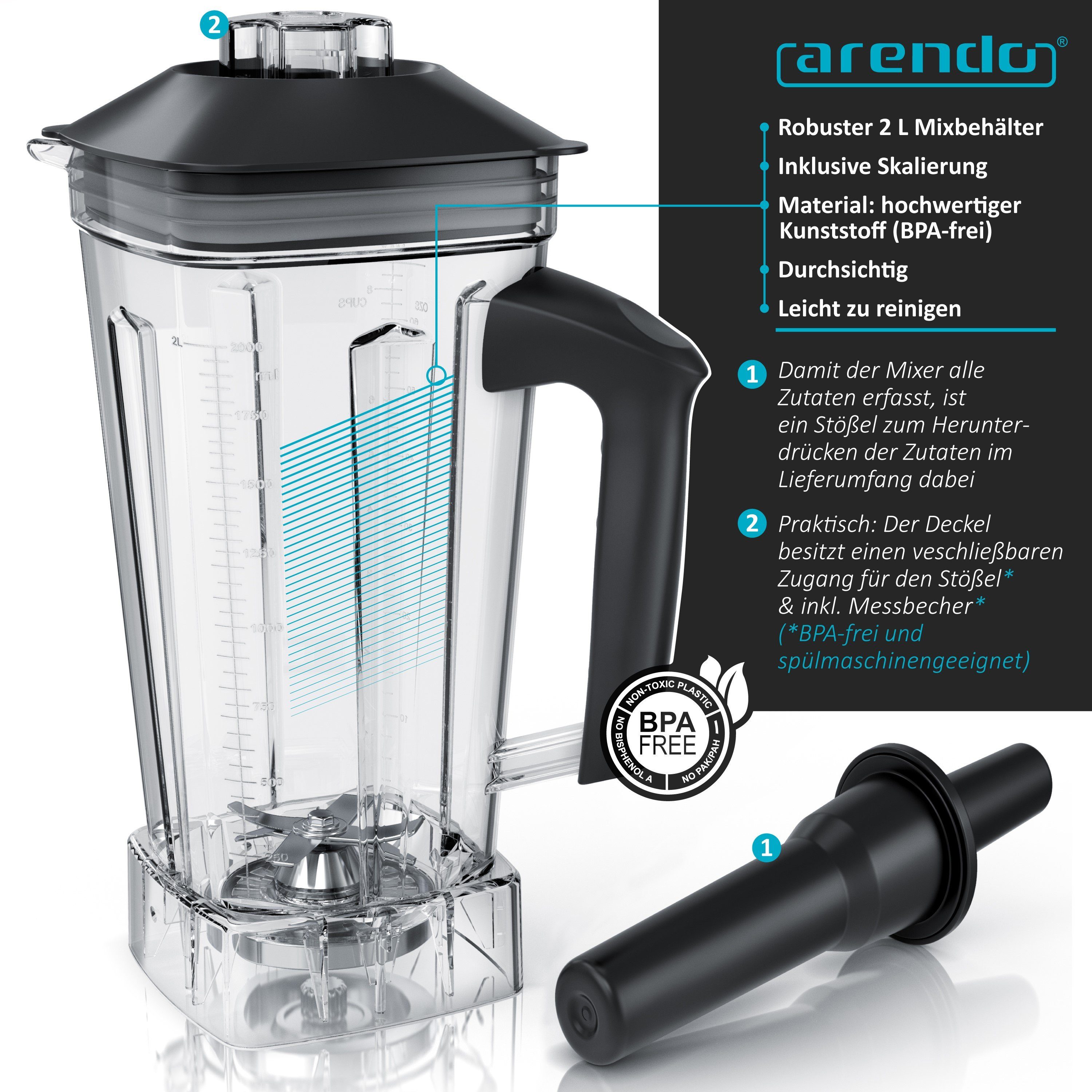 Arendo Standmixer, 2000 W, Mixer mit 2l Mixbehälter, Touchpanel, 24.000 U/min, Timer, 5 Programme