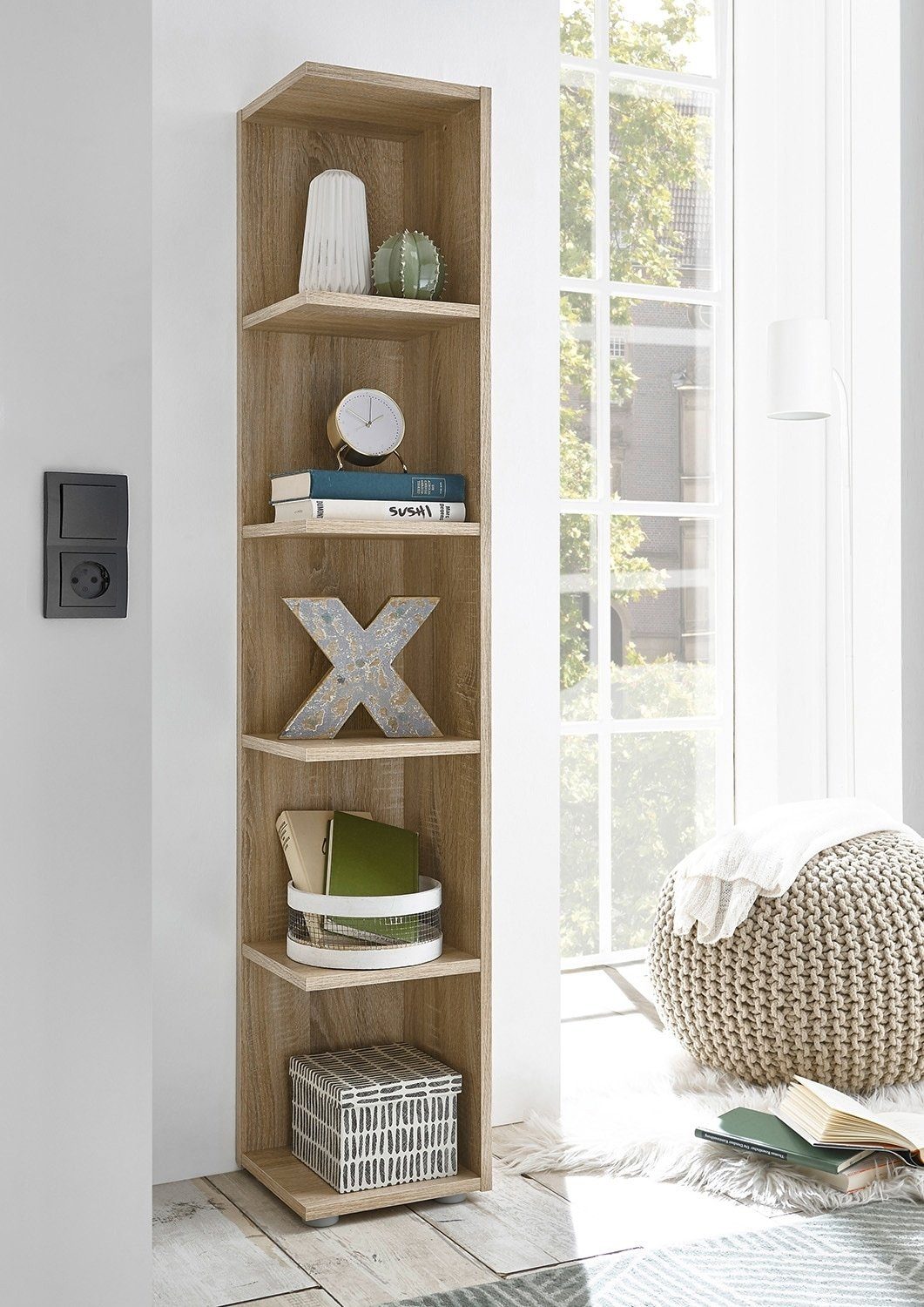 Eckregal CORNER LIGHT, H 142 cm, B 24 cm, 1-tlg., Eiche Sonoma Dekor braun, mit 5 Fächern, bis je 3 kg belastbar